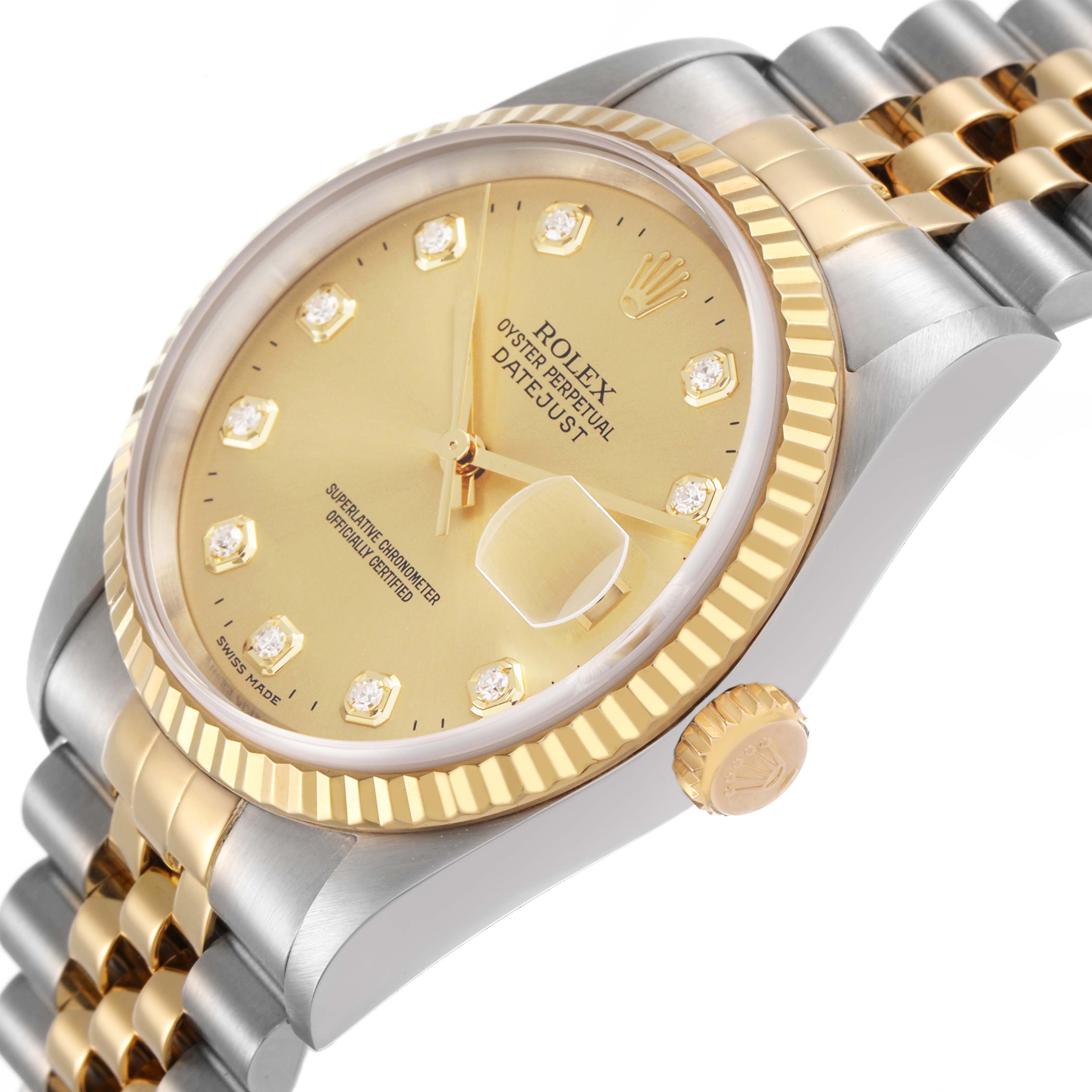 The Rolex Datejust 16233 Men's Steel and Gold (two tone) Champagne Dial watch is shown at a slight side angle, featuring its case, fluted bezel, crown, and part of the bracelet.