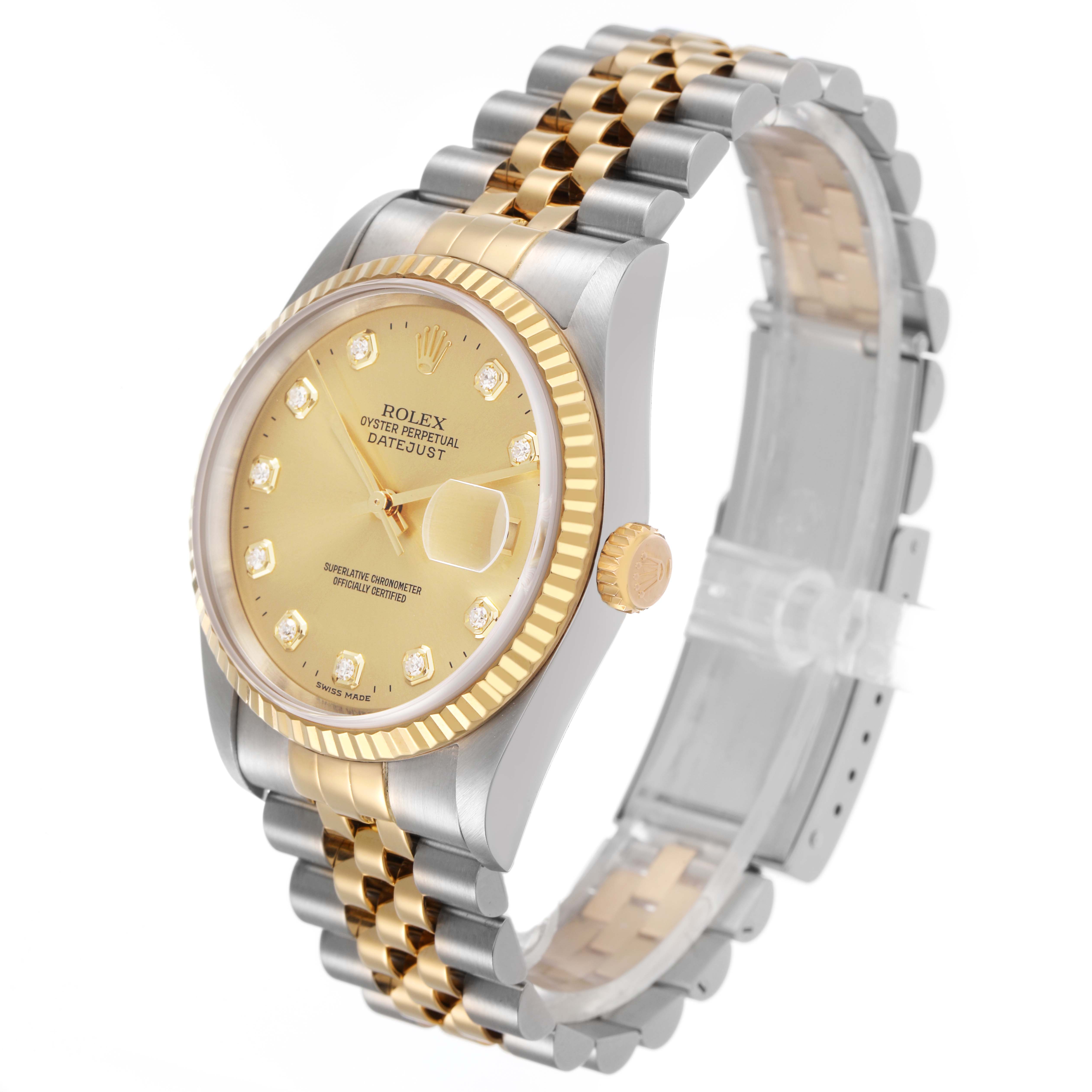 The Rolex Datejust 16233 Men's Steel and Gold (two tone) Champagne Dial watch is shown at a three-quarter angle, displaying its gold and silver bracelet and diamond-accented face.