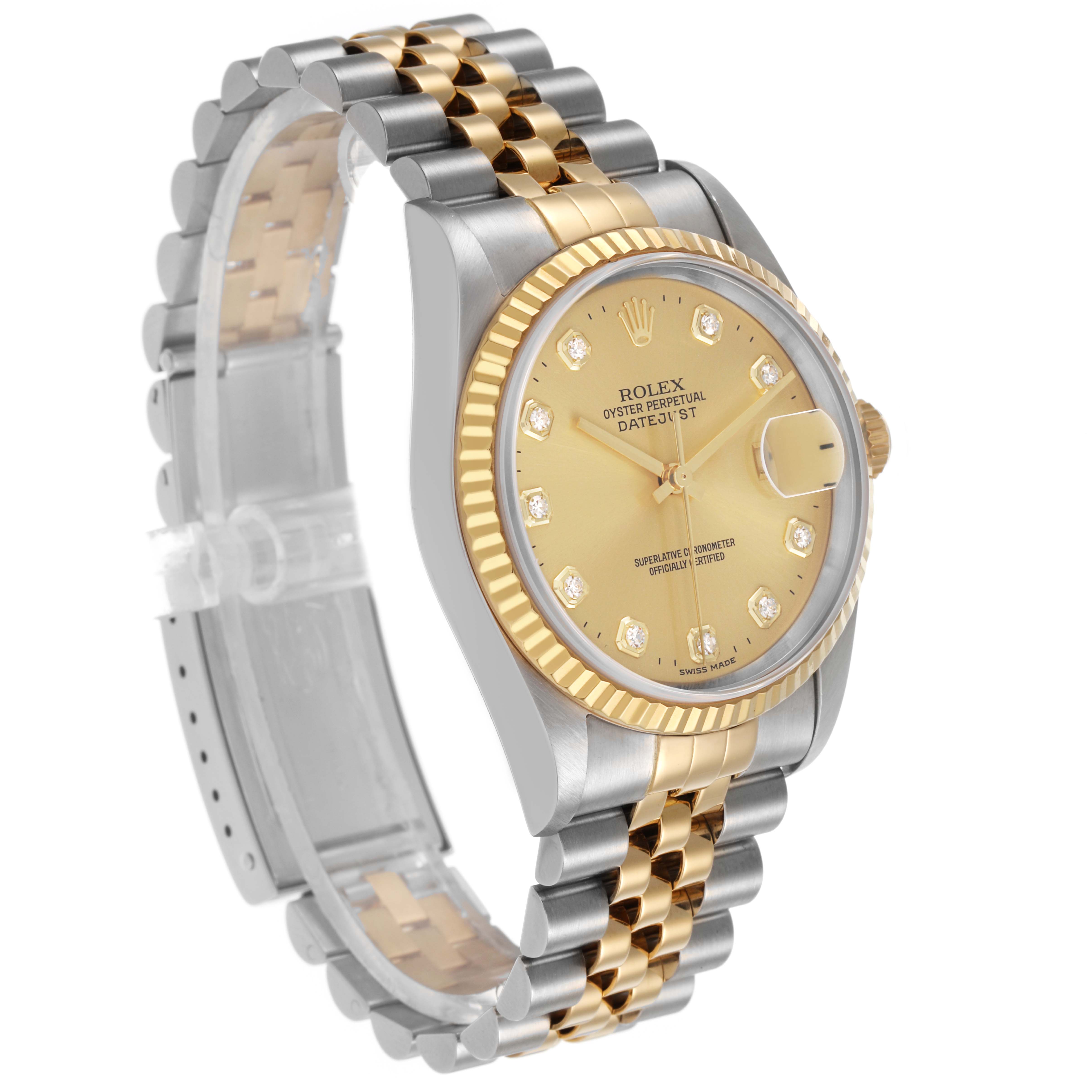 The Rolex Datejust 16233 Men's Steel and Gold (two tone) Champagne Dial watch is shown at a slight angle, highlighting the dial, bezel, and two-tone bracelet.