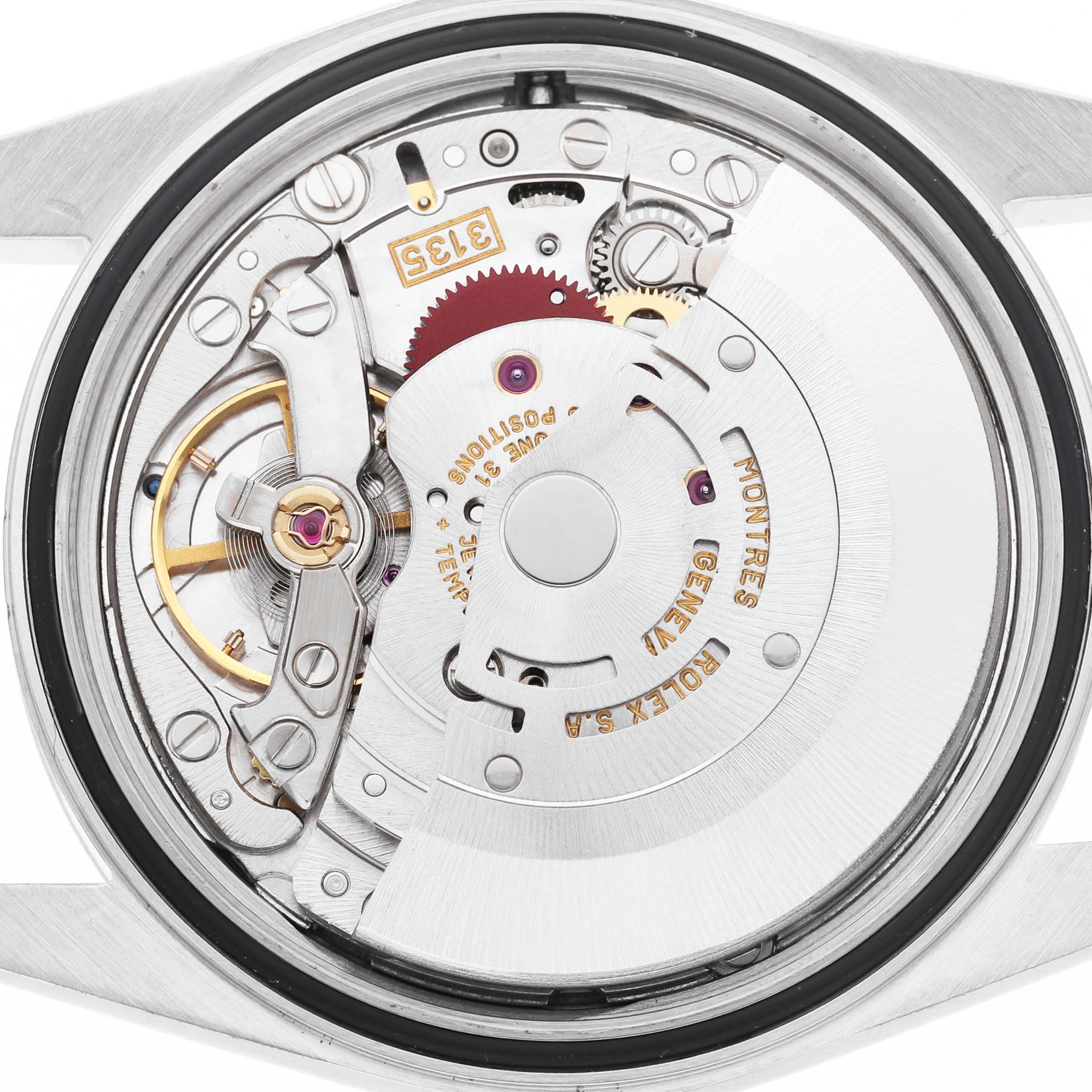 The image shows the movement and internal mechanism of a Rolex Datejust 16233 Men's Steel and Gold (two tone) Champagne Dial watch from the back view.