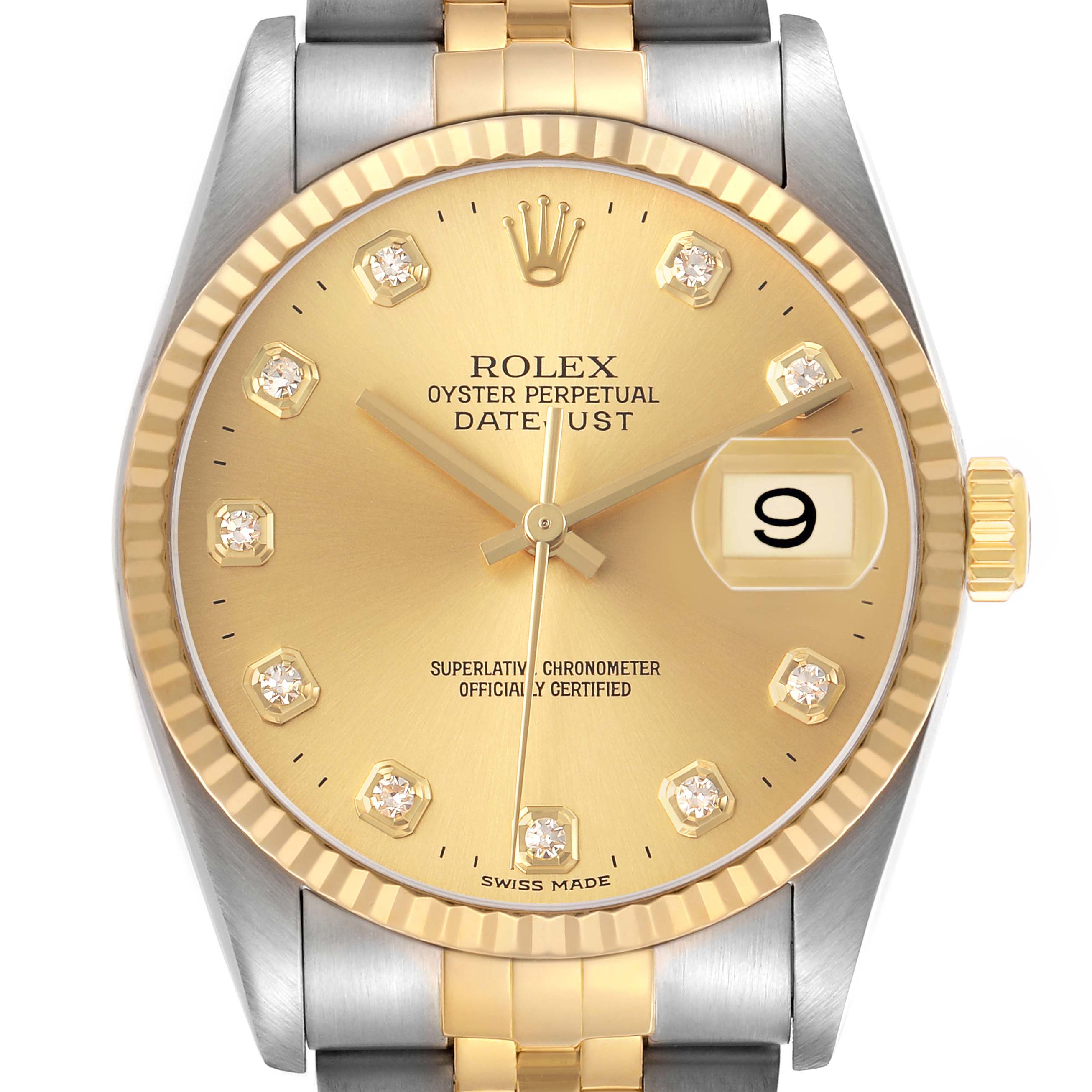The Rolex Datejust 16233 Men's Steel and Gold (two tone) Champagne Dial watch is shown from the front, displaying the dial, bezel, crown, and partial bracelet.