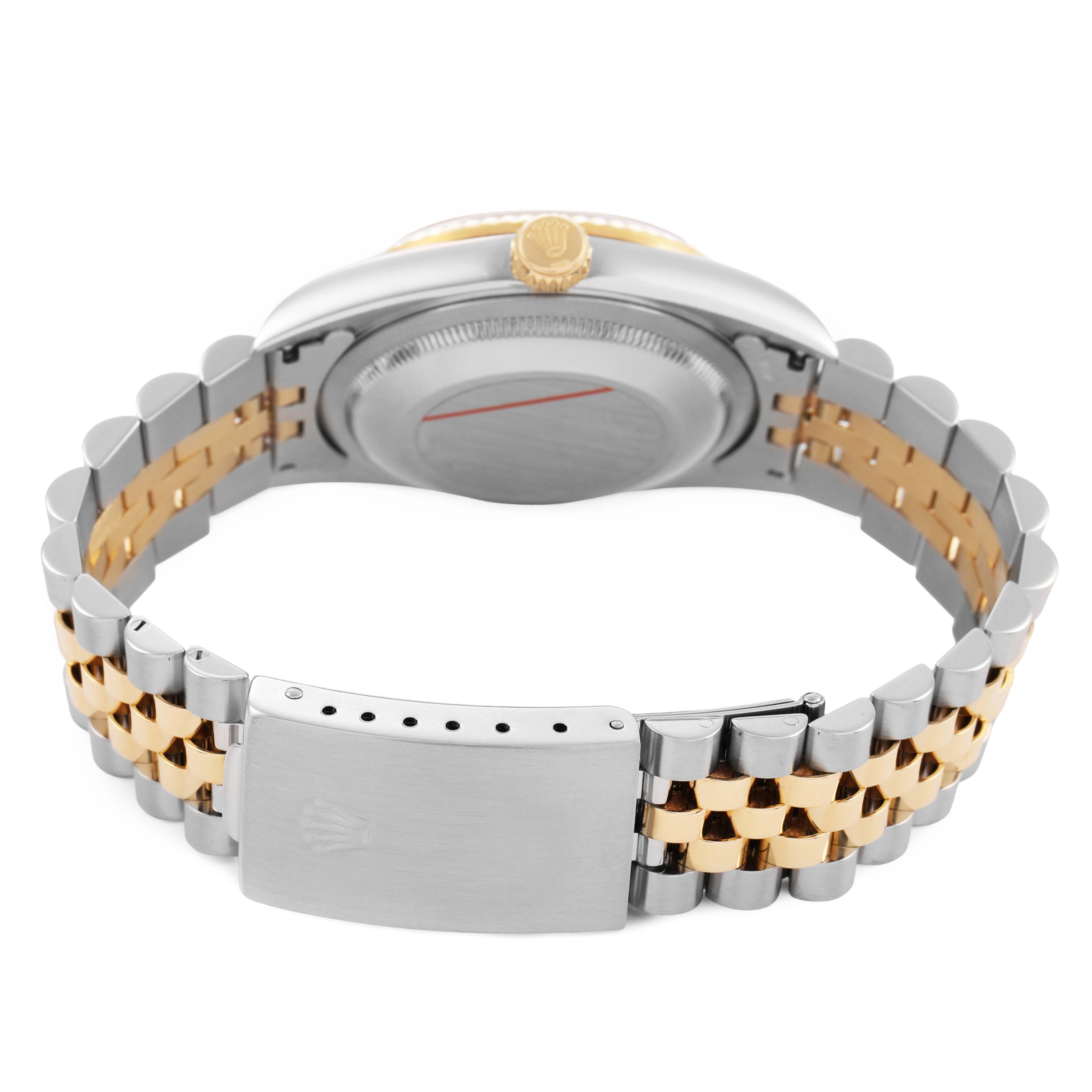 The image shows the back view of a Rolex Datejust 16233 Men's Steel and Gold (two tone) Champagne Dial, highlighting the bracelet, clasp, and case back.