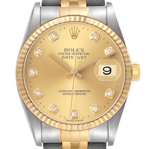 The Rolex Datejust 16233 Men's Steel and Gold (two tone) Champagne Dial watch is shown from the front, highlighting its gold dial, diamond hour markers, fluted bezel, and date feature.