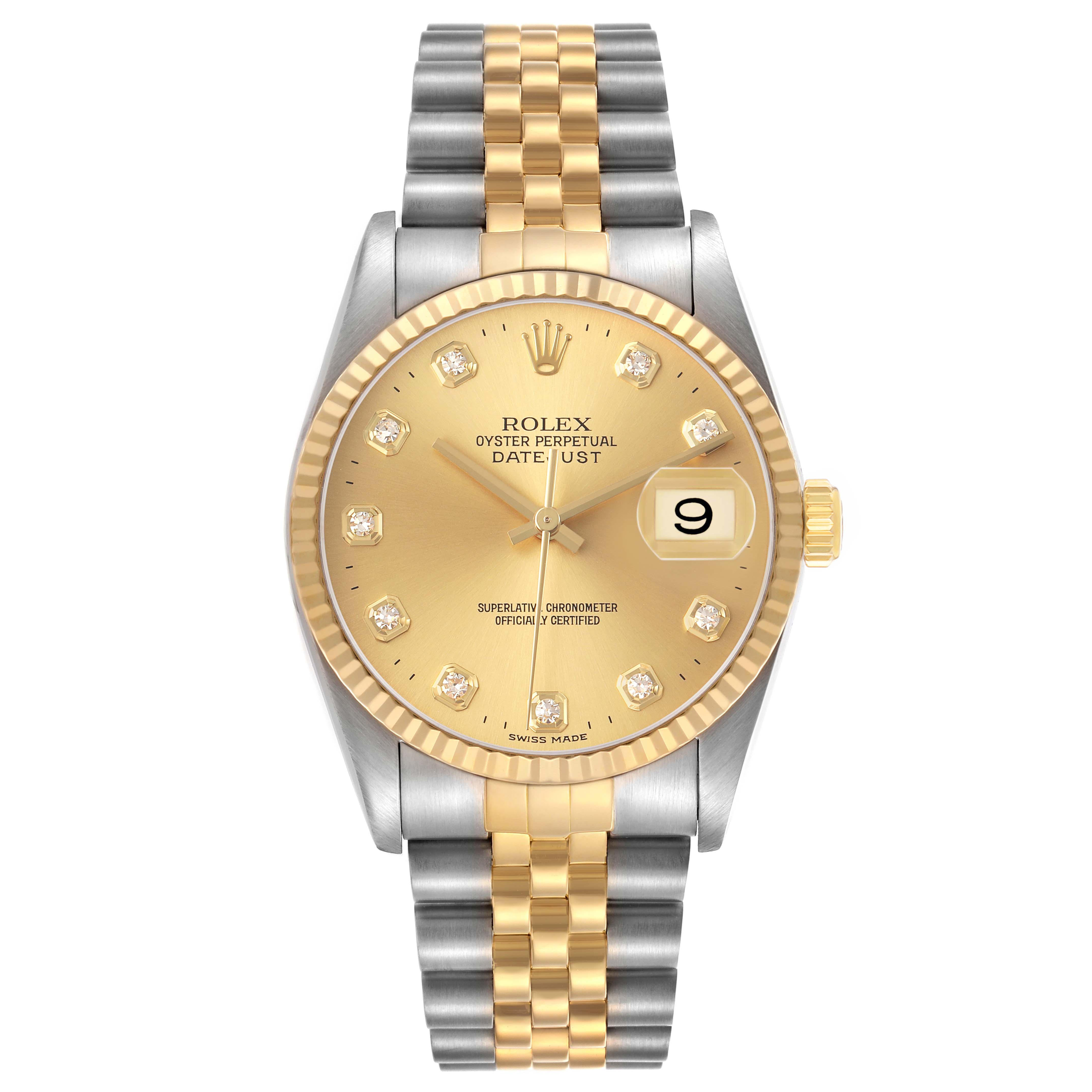The Rolex Datejust 16233 Men's Steel and Gold (two tone) Champagne Dial watch is shown from a front angle, highlighting the gold dial, date window, and two-tone bracelet.