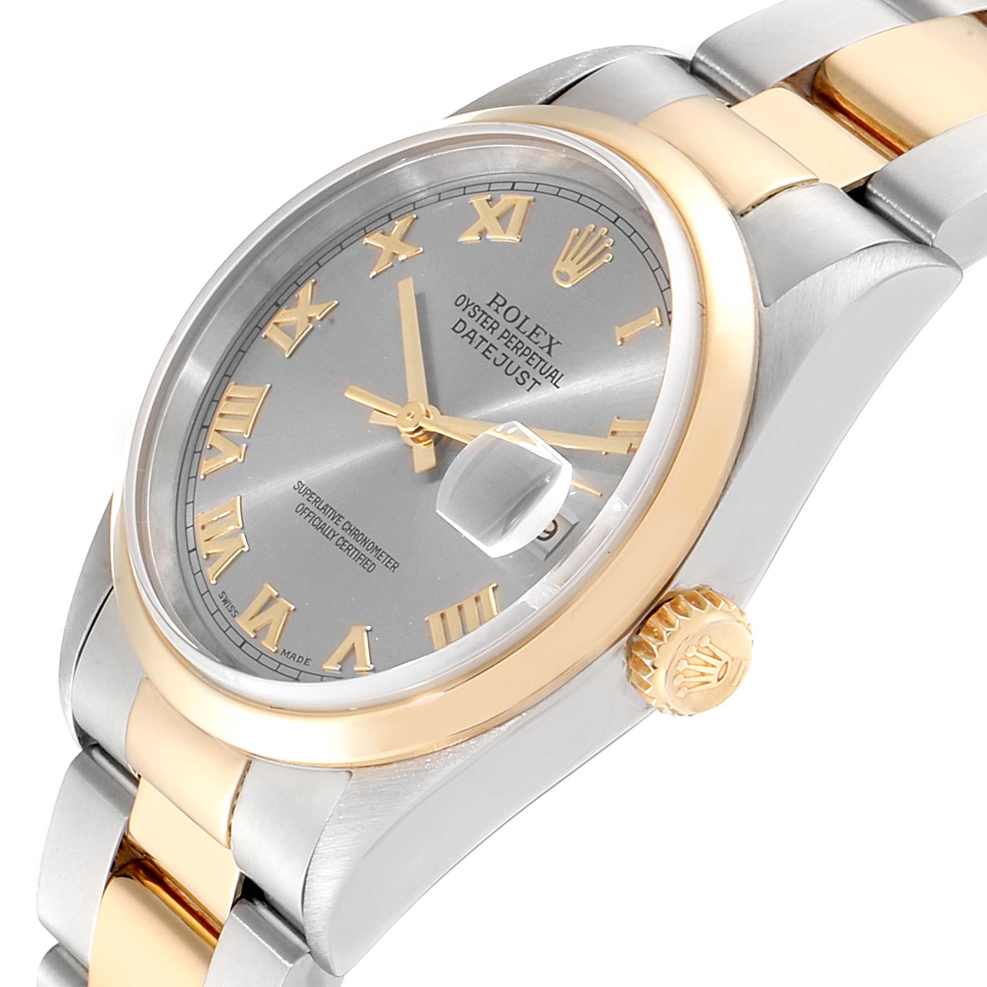 This image shows a Rolex Datejust 16203 Men
s Steel and Gold (two tone) Grey Dial 16203 Men
s Steel and Gold (two tone) Grey Dial watch at a slight side angle, displaying the face, bezel, crown, and part of the band.