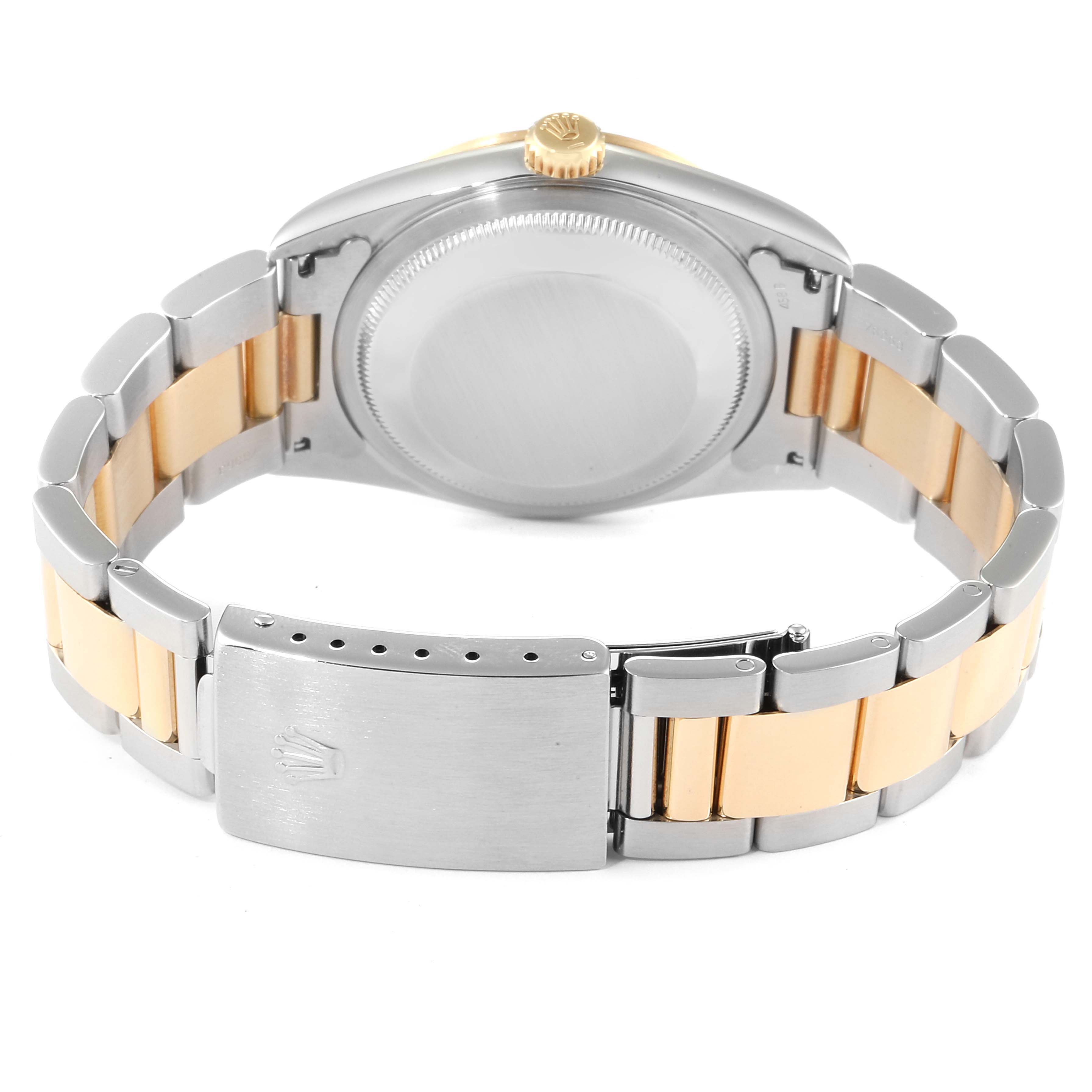 The image shows the back of a Rolex Datejust 16203 Men
s Steel and Gold (two tone) Grey Dial 16203 Men
s Steel and Gold (two tone) Grey Dial watch, highlighting the clasp, bracelet, and case back.