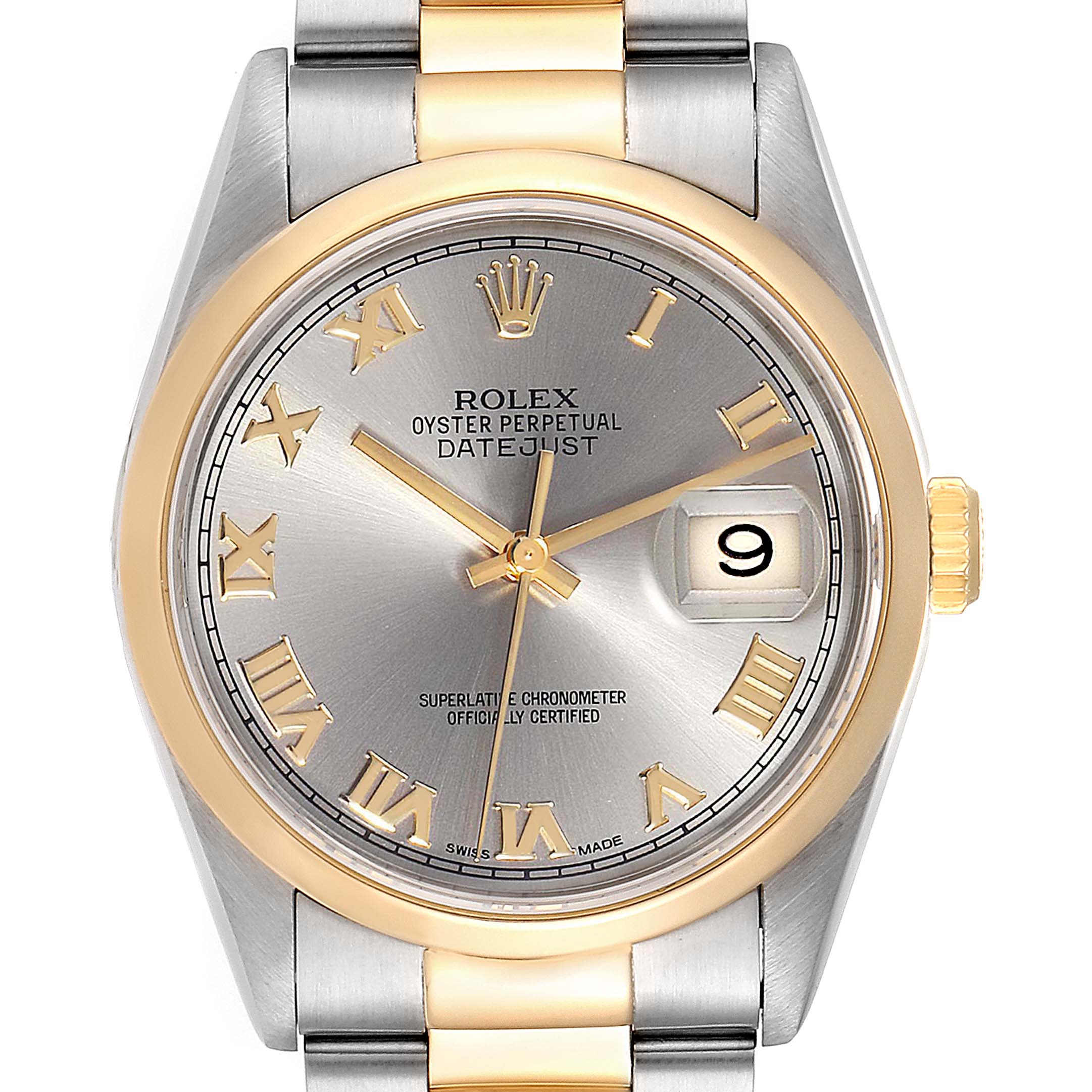 This is a Rolex Datejust 16203 Men
s Steel and Gold (two tone) Grey Dial 16203 Men
s Steel and Gold (two tone) Grey Dial watch shown from the front, displaying its face, bezel, and part of the bracelet.