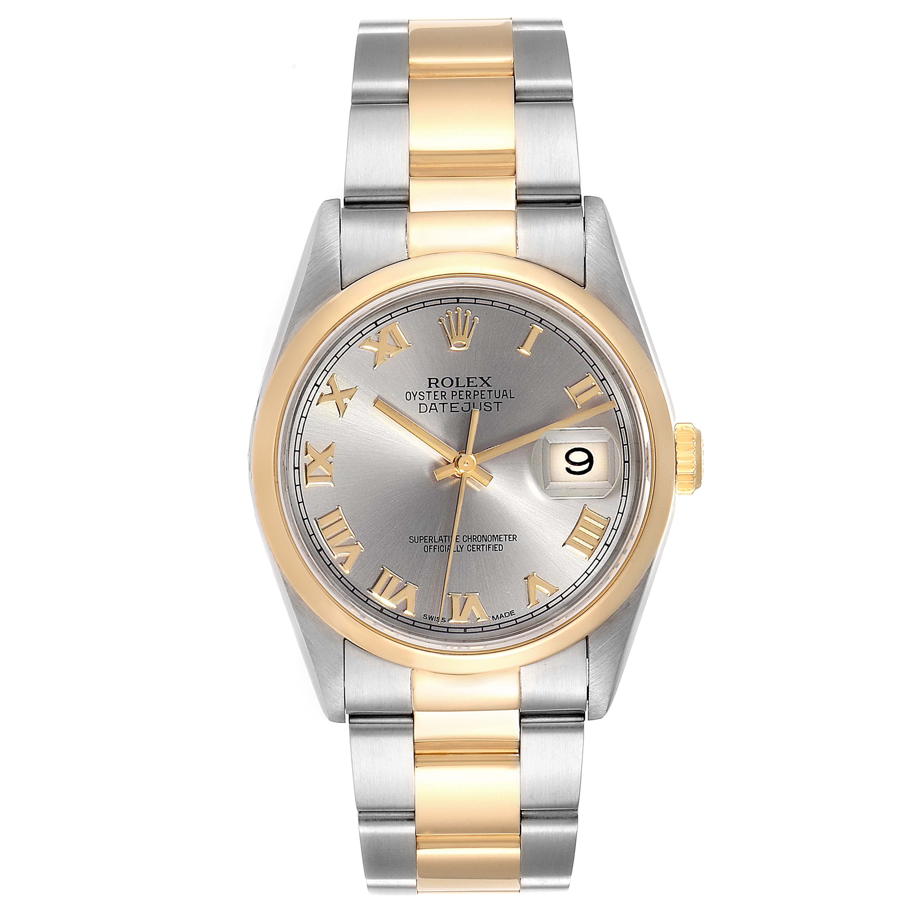 The image shows a front view of the Rolex Datejust 16203 Men
s Steel and Gold (two tone) Grey Dial 16203 Men
s Steel and Gold (two tone) Grey Dial watch, displaying its dial, case, and two-tone bracelet.