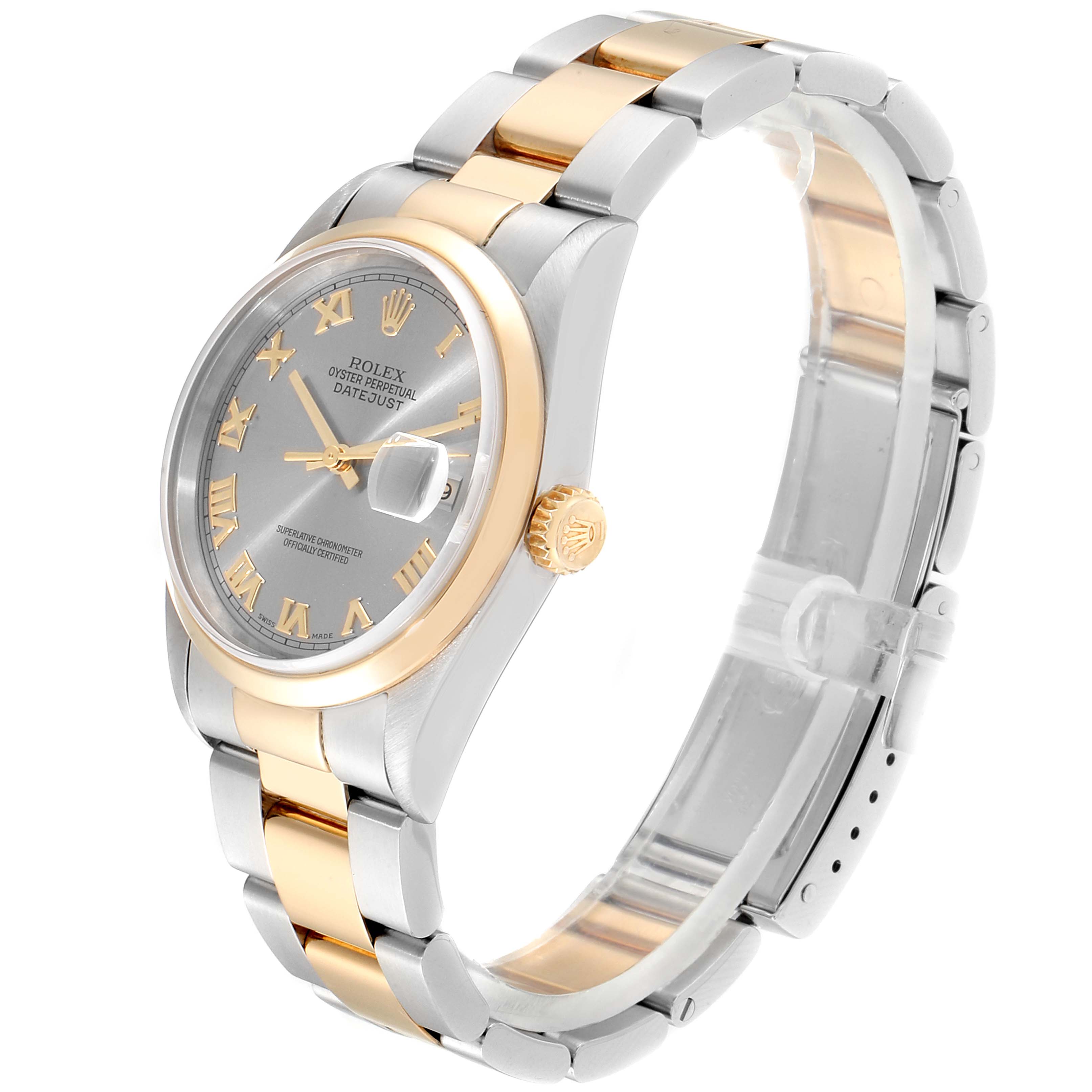 The image shows a side angle view of a Rolex Datejust 16203 Men
s Steel and Gold (two tone) Grey Dial 16203 Men
s Steel and Gold (two tone) Grey Dial watch, featuring its dial, bracelet, and crown.