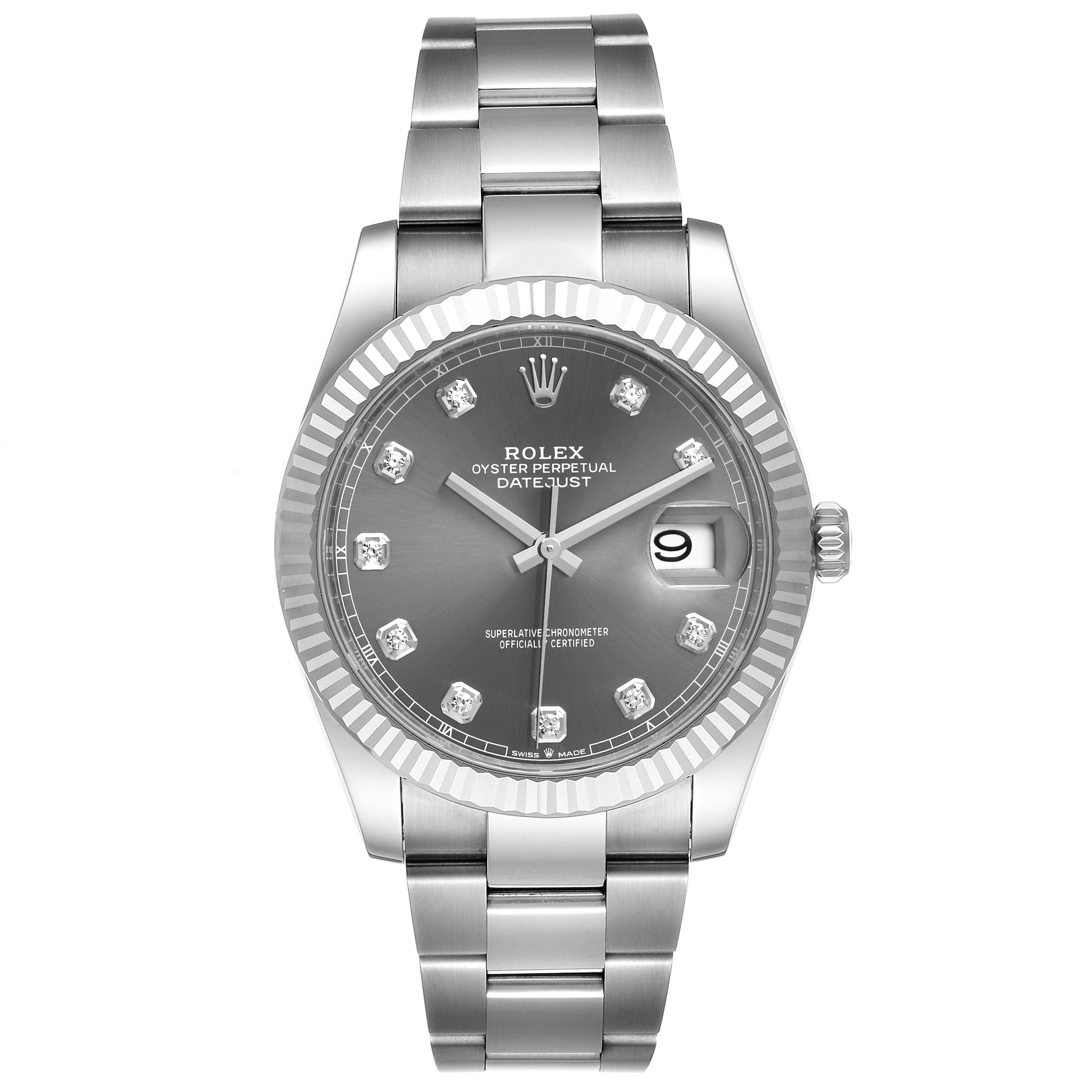 The Rolex Datejust 41 126334 Men
s Stainless Steel Grey Dial 126334 Men
s Stainless Steel Grey Dial watch is shown from a front angle, displaying the face, bracelet, bezel, and crown.