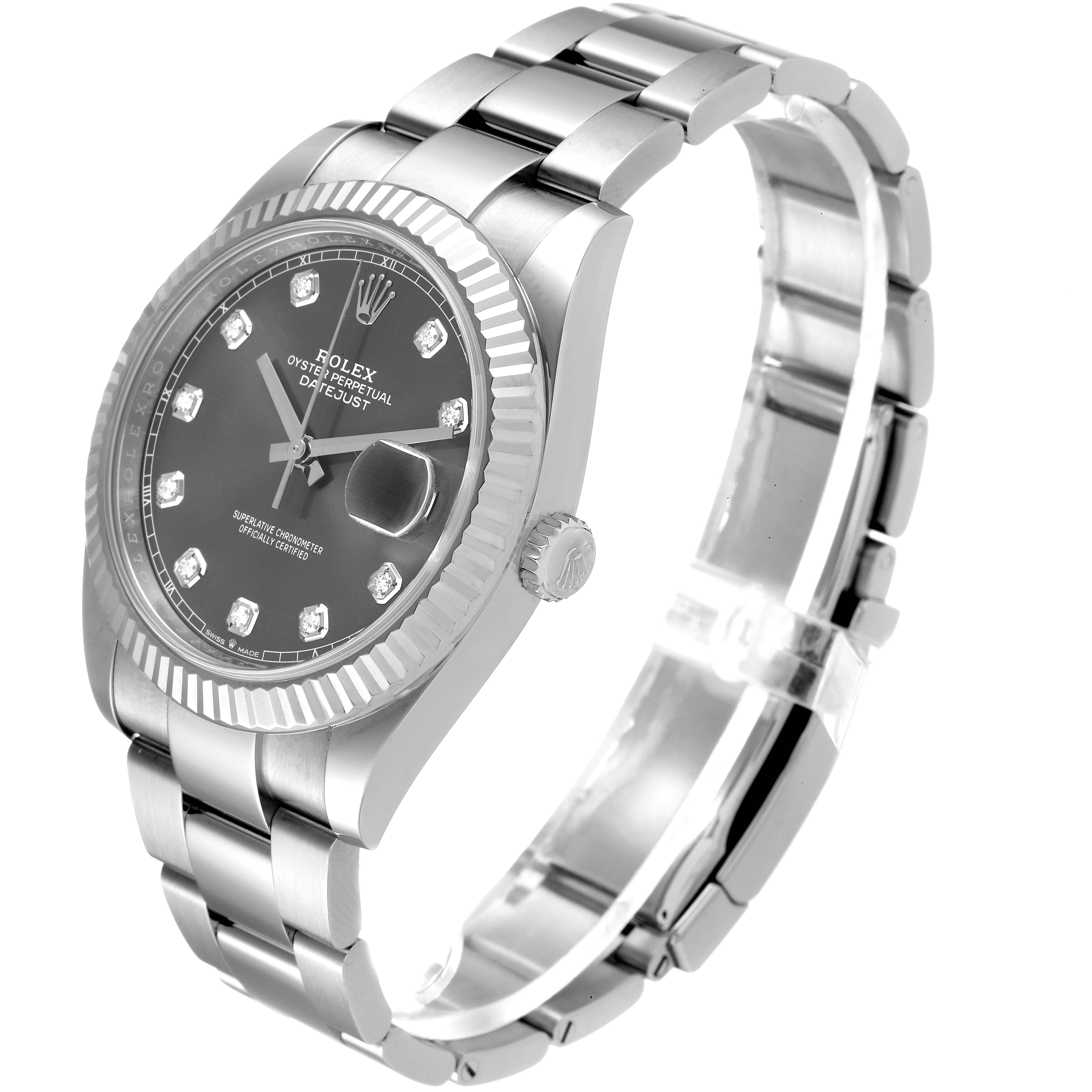 The image shows a Rolex Datejust 41 126334 Men
s Stainless Steel Grey Dial 126334 Men
s Stainless Steel Grey Dial watch from a slightly angled side view, including the face, bracelet, and crown.