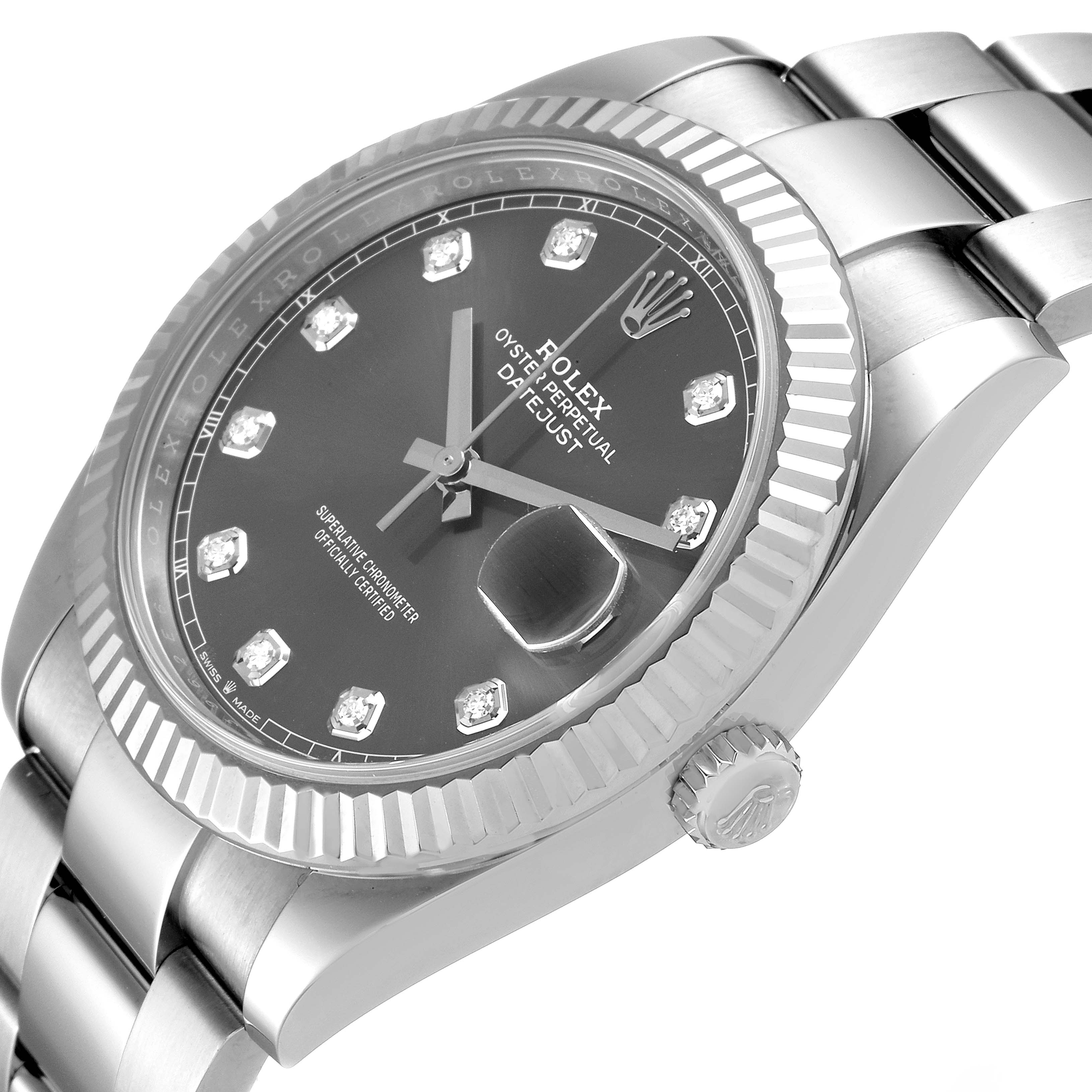 The image shows a close-up, angled view of the Rolex Datejust 41 126334 Men
s Stainless Steel Grey Dial 126334 Men
s Stainless Steel Grey Dial watch face, including part of the bracelet and crown.