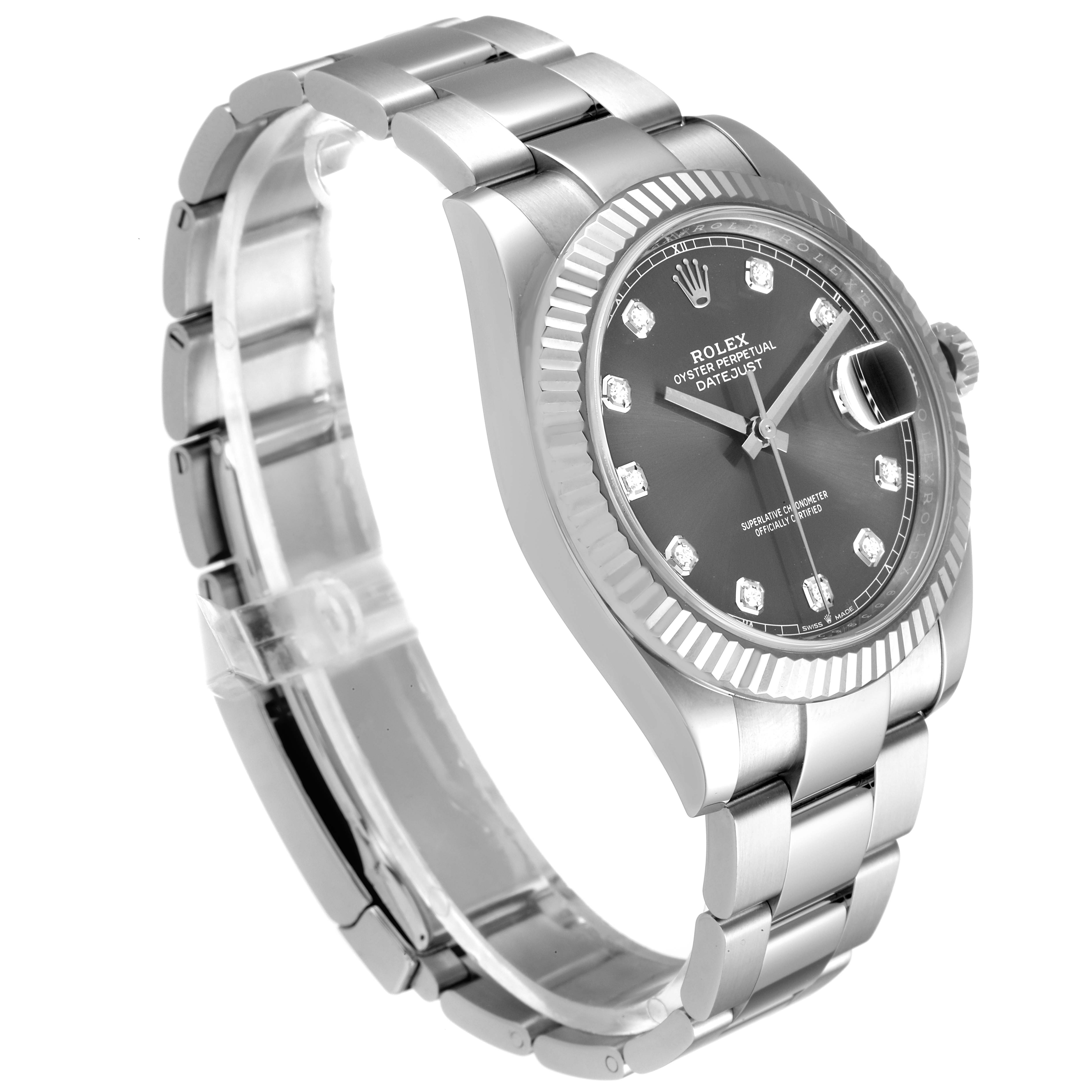 The image shows a side and front view of the Rolex Datejust 41 126334 Men
s Stainless Steel Grey Dial 126334 Men
s Stainless Steel Grey Dial watch, highlighting its band and dial.