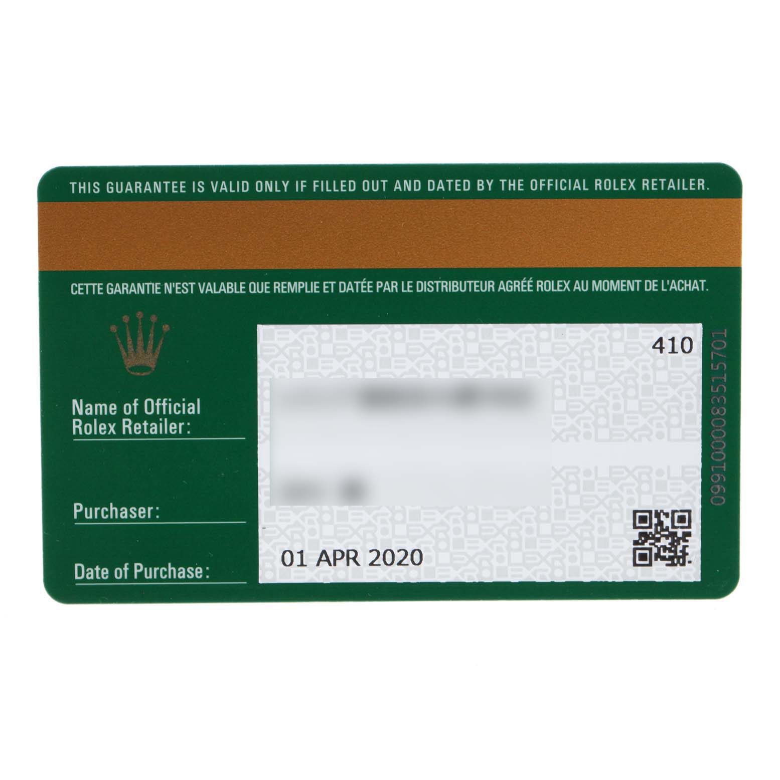 The image shows a guarantee card from Rolex for the Datejust 41 model, including retailer, purchaser, and purchase date details.