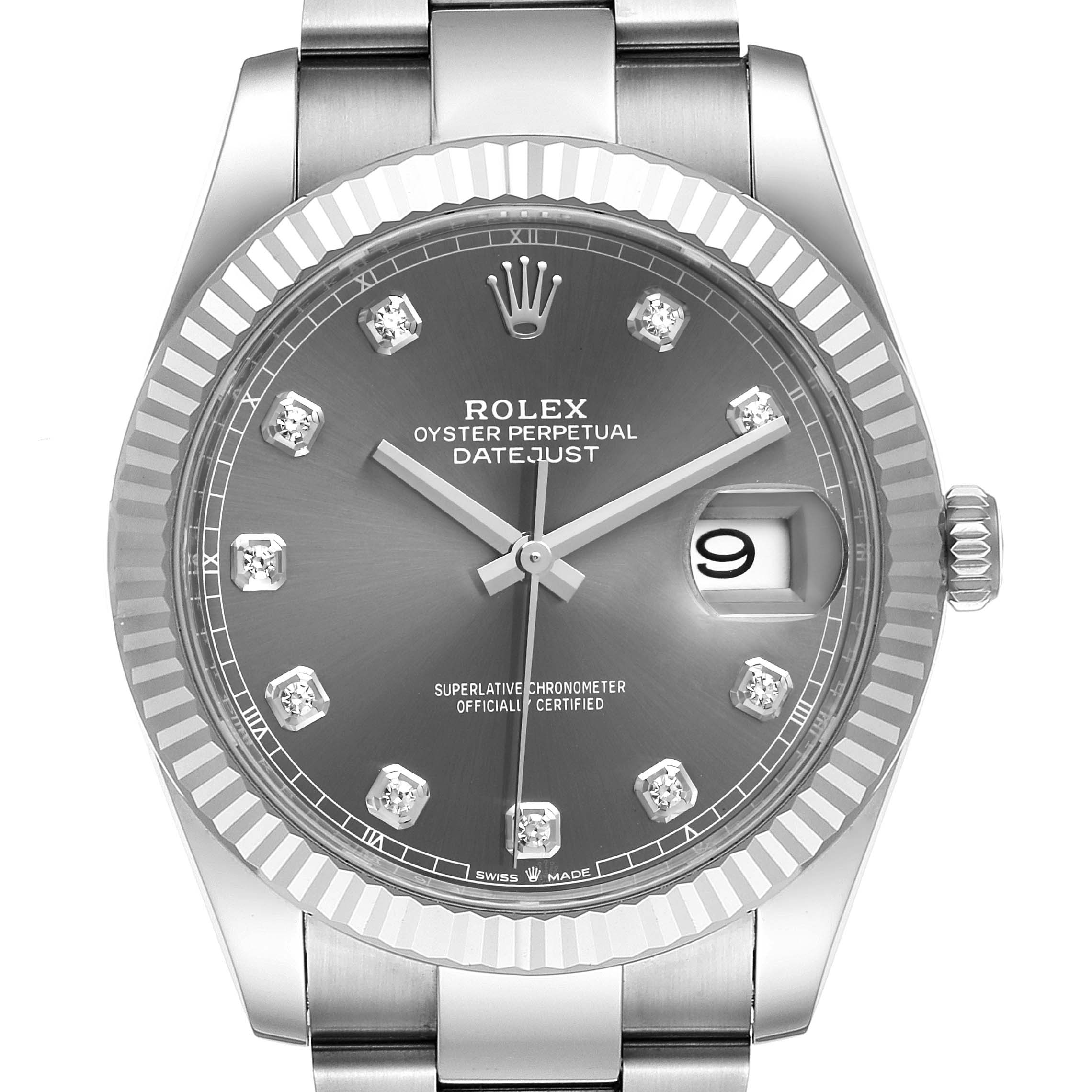 This image shows a close-up view of the Rolex Datejust 41 126334 Men
s Stainless Steel Grey Dial 126334 Men
s Stainless Steel Grey Dial, highlighting its dial, hands, crown, and bezel.