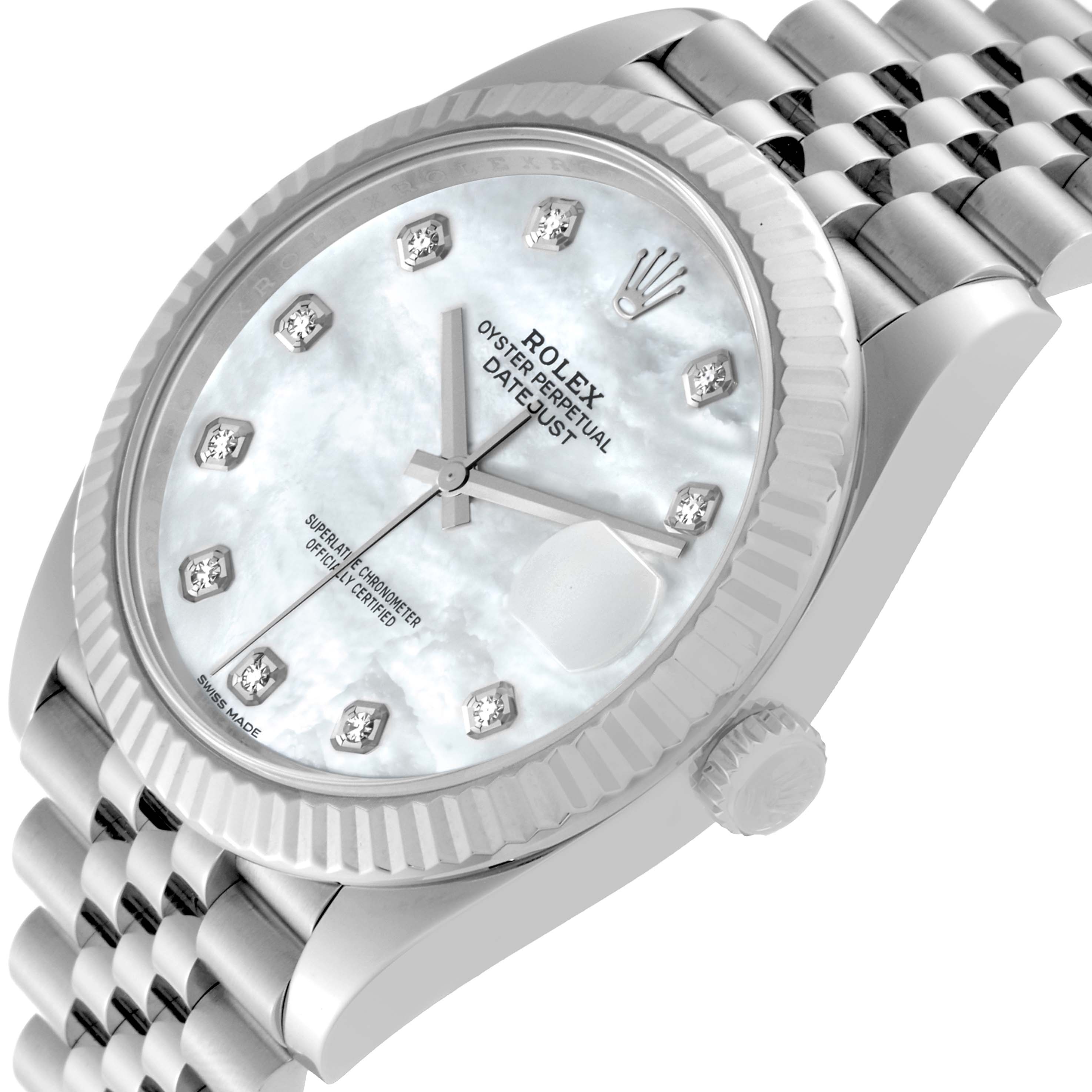 This image of the Rolex Datejust 41 126334 Men's Stainless Steel Mother of Pearl Dial 126334 Men's Stainless Steel Mother of Pearl Dial shows the watch face, fluted bezel, crown, and bracelet from a slight angle.