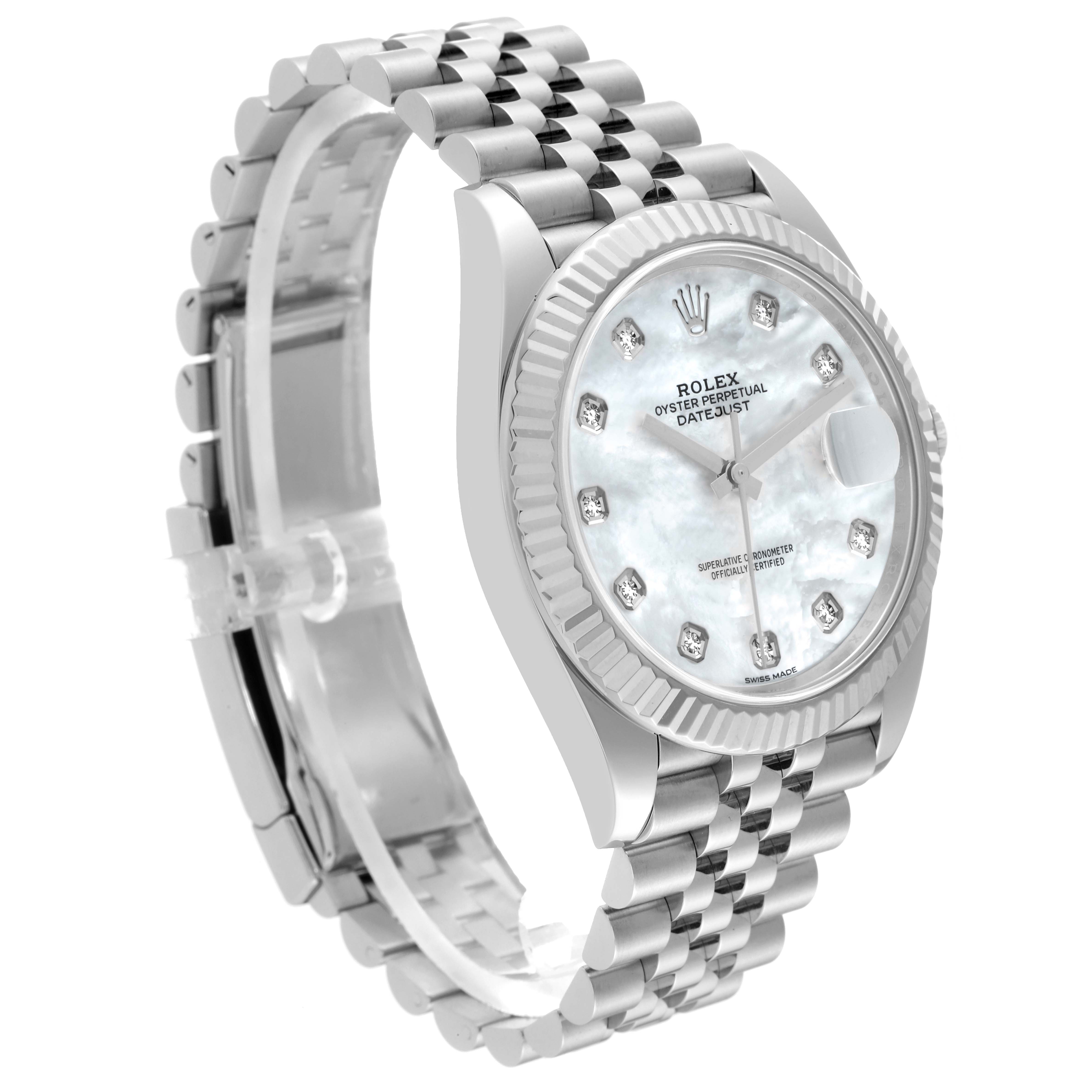 The Rolex Datejust 41 126334 Men's Stainless Steel Mother of Pearl Dial 126334 Men's Stainless Steel Mother of Pearl Dial watch is shown at a slight side angle, highlighting its Jubilee bracelet and fluted bezel.