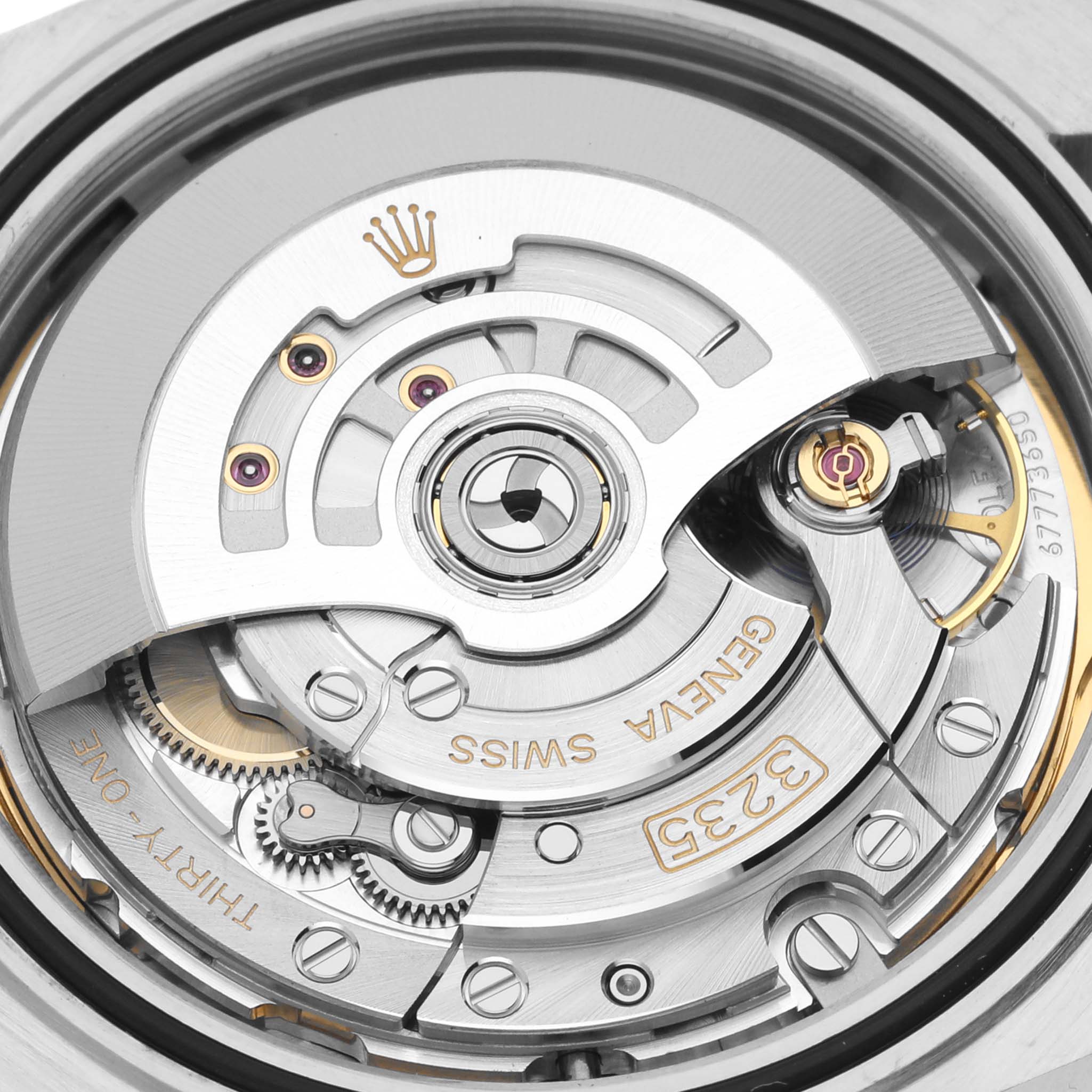 This image shows a close-up of the movement mechanism inside a Rolex Datejust 41 126334 Men's Stainless Steel Mother of Pearl Dial 126334 Men's Stainless Steel Mother of Pearl Dial watch.