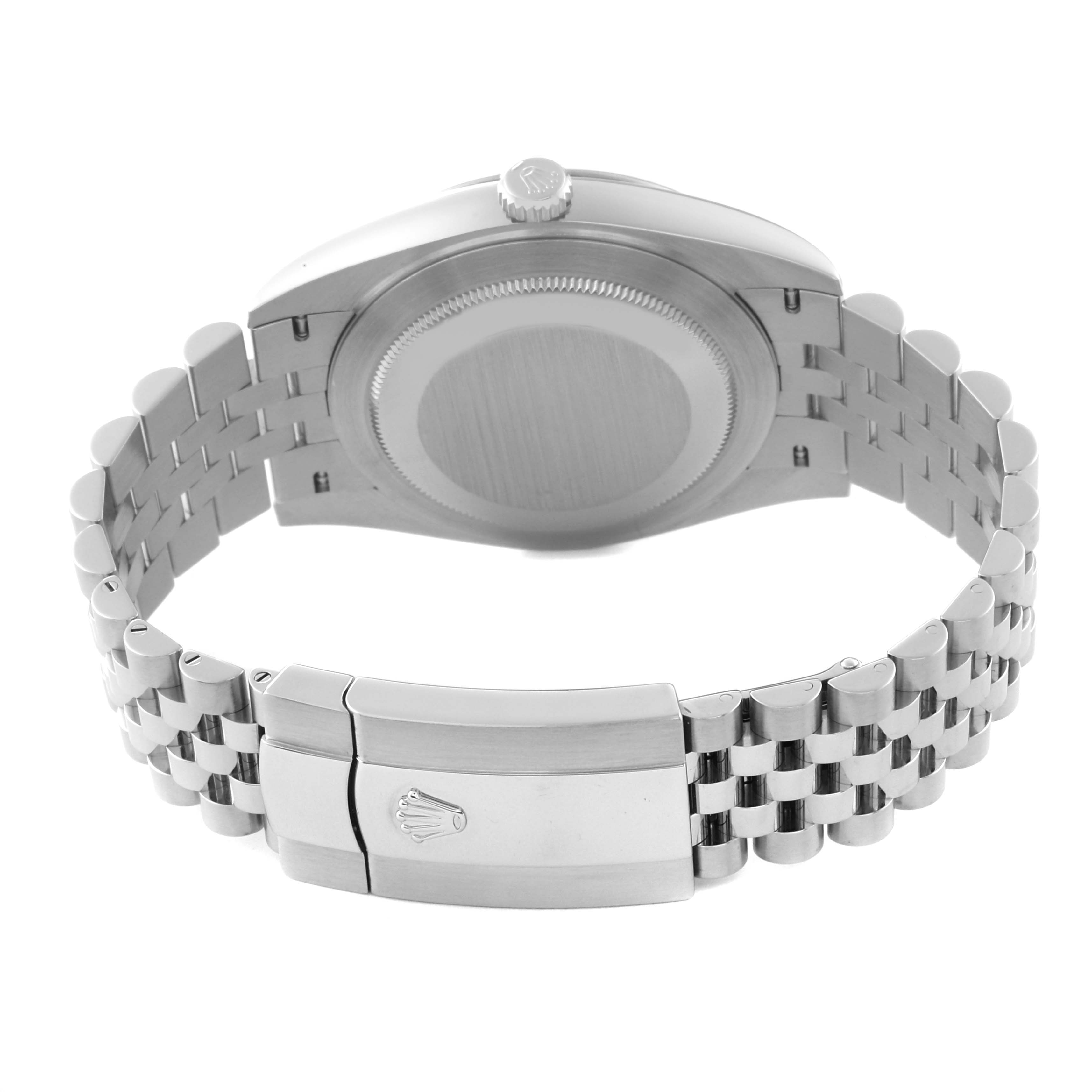 The image shows the back view of a Rolex Datejust 41 126334 Men's Stainless Steel Mother of Pearl Dial 126334 Men's Stainless Steel Mother of Pearl Dial watch, highlighting the case, jubilee bracelet, and clasp.