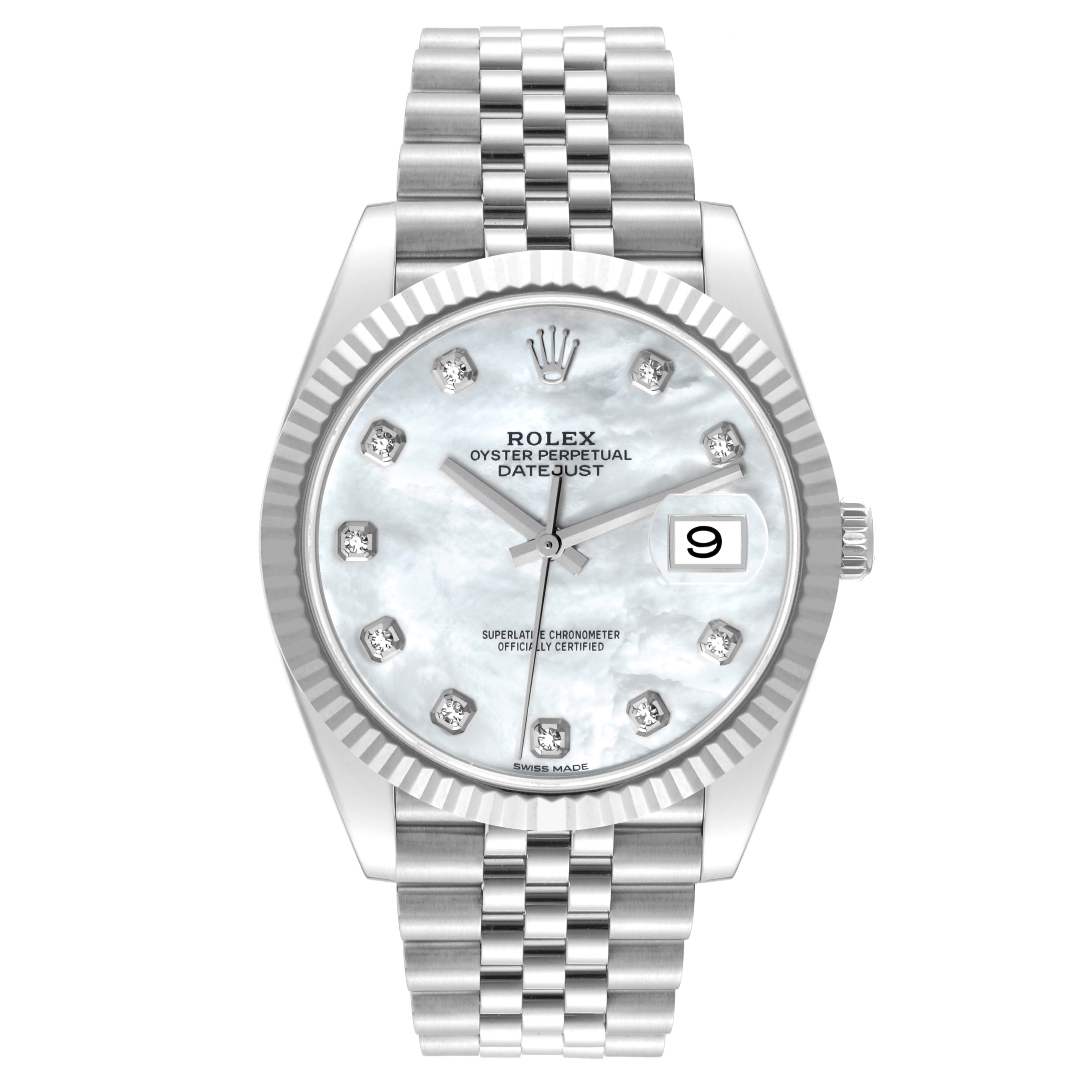 This image shows a frontal view of the Rolex Datejust 41 126334 Men's Stainless Steel Mother of Pearl Dial 126334 Men's Stainless Steel Mother of Pearl Dial watch, highlighting the dial, bezel, and bracelet.