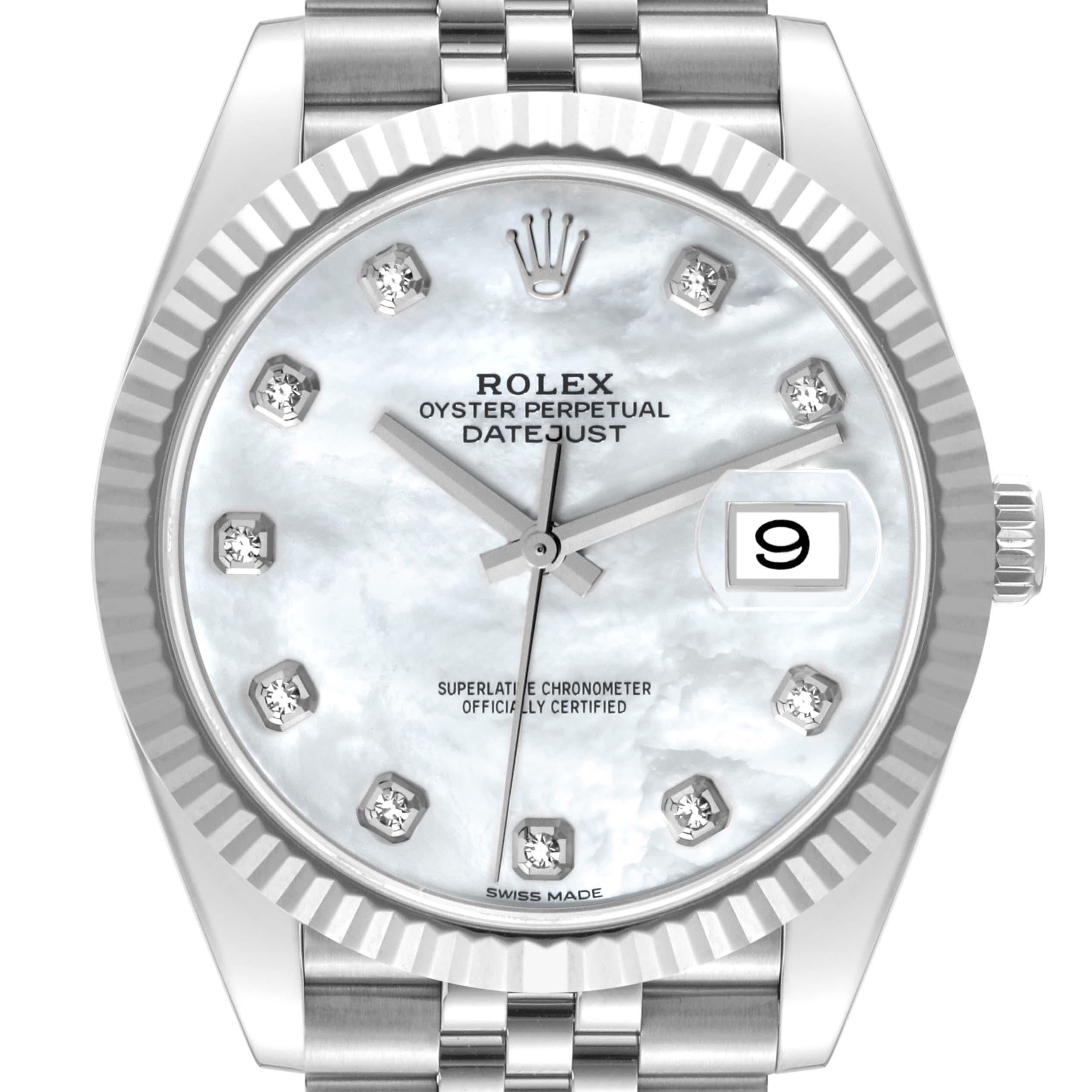 This is a frontal view of the Rolex Datejust 41 126334 Men's Stainless Steel Mother of Pearl Dial 126334 Men's Stainless Steel Mother of Pearl Dial, showcasing its dial, hands, crown, and part of its bracelet.