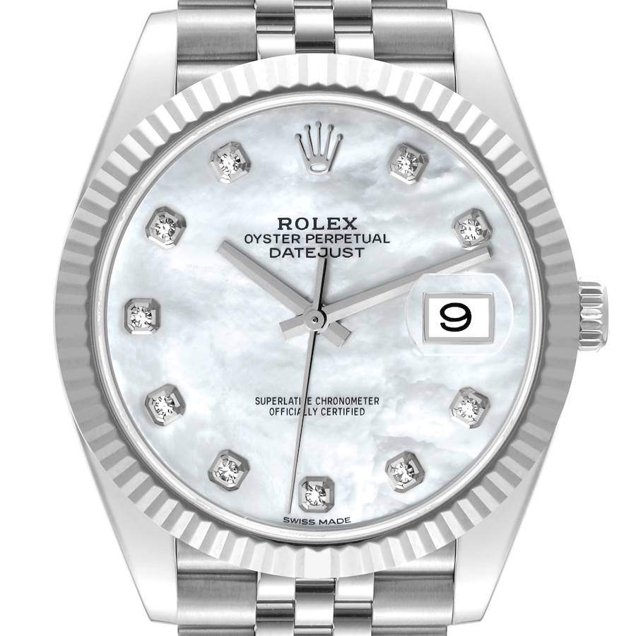 Rolex Datejust 41 Steel White Gold Mother of Pearl Diamond Mens Watch 126334 SwissWatchExpo