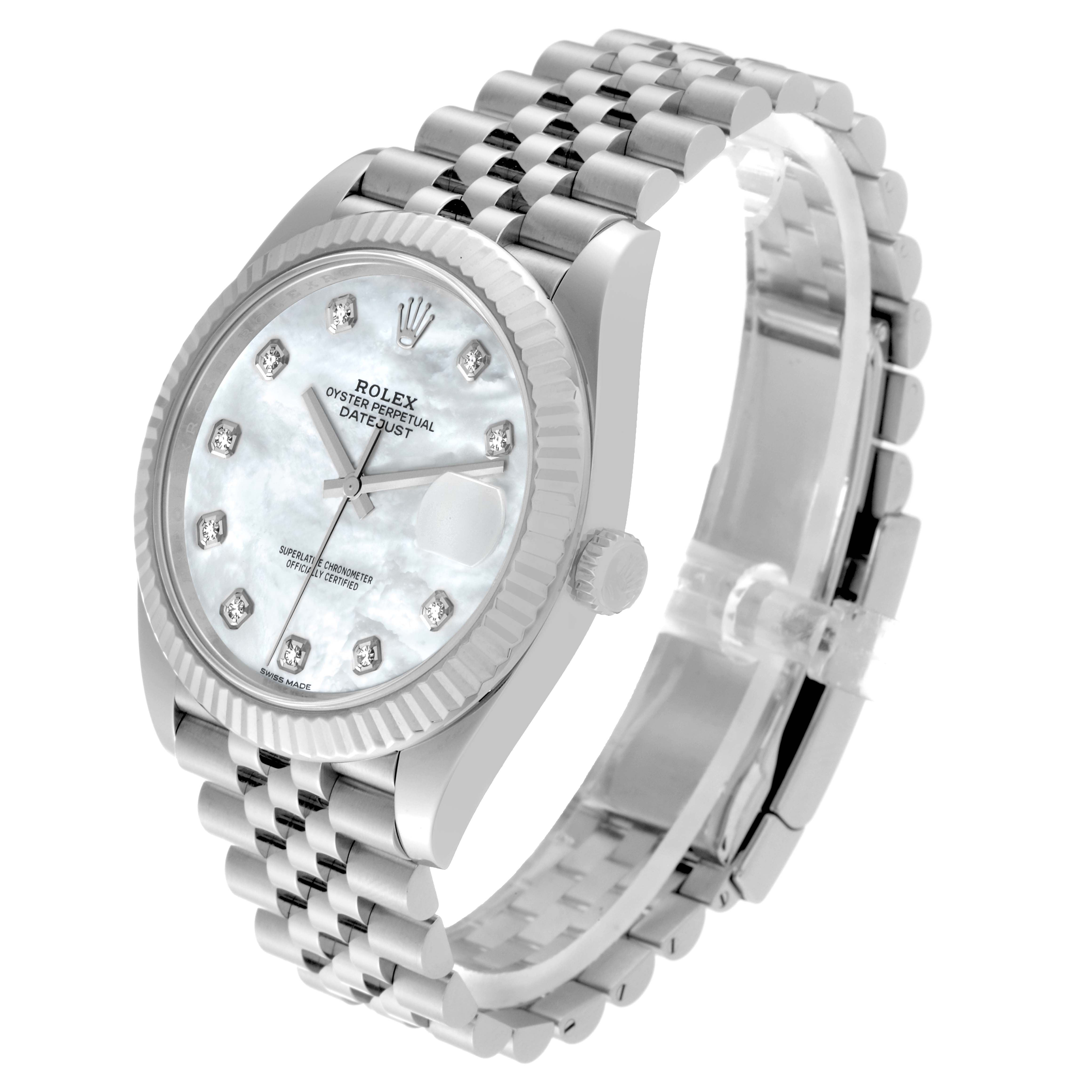The Rolex Datejust 41 126334 Men's Stainless Steel Mother of Pearl Dial 126334 Men's Stainless Steel Mother of Pearl Dial watch is shown at an angled view, highlighting the dial, crown, and Jubilee bracelet.