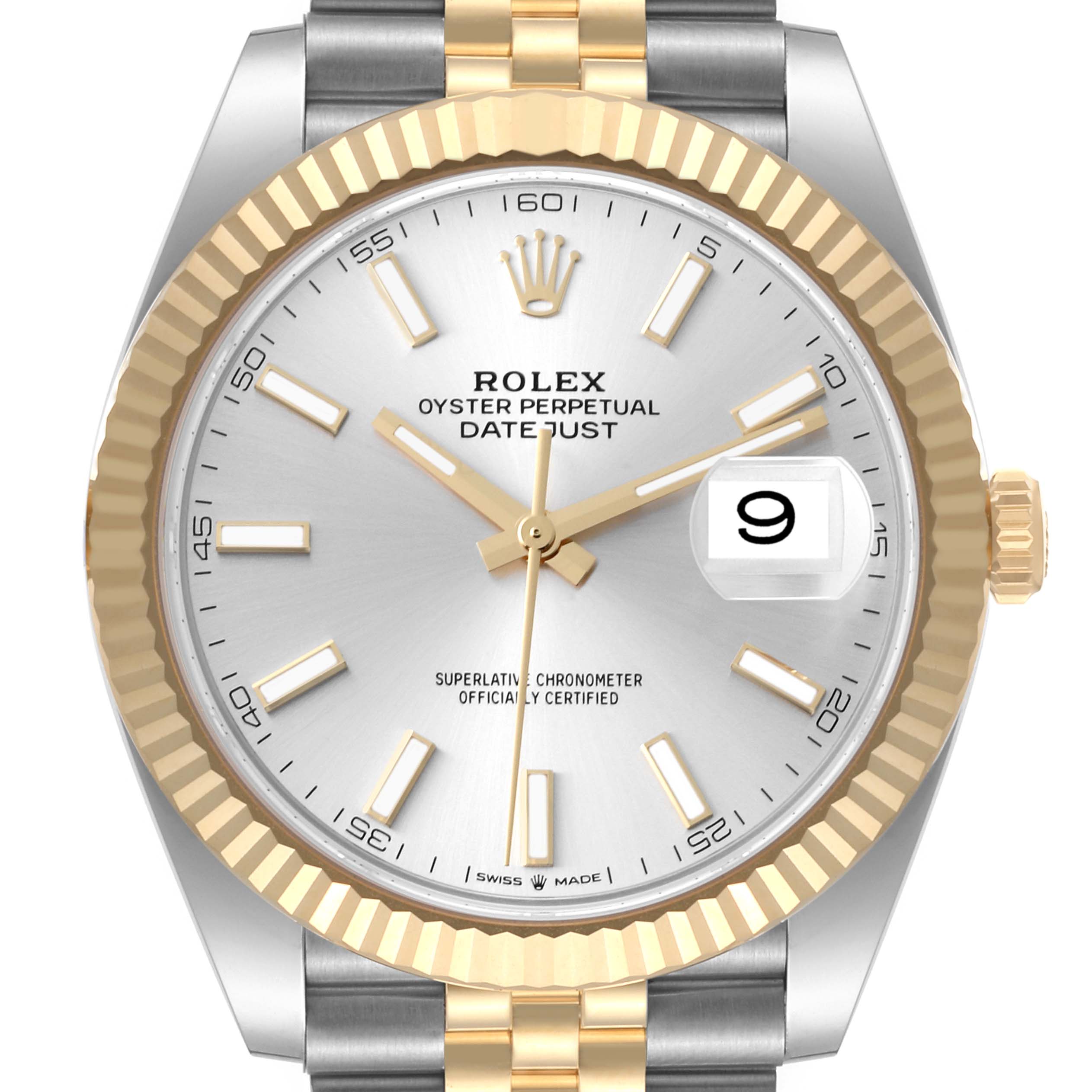 This image shows a front view of the Rolex Datejust 41 126333 Men's Steel and Gold (two tone) Silver Dial 126333 Men's Steel and Gold (two tone) Silver Dial watch, highlighting the dial, fluted bezel, and part of the bracelet.