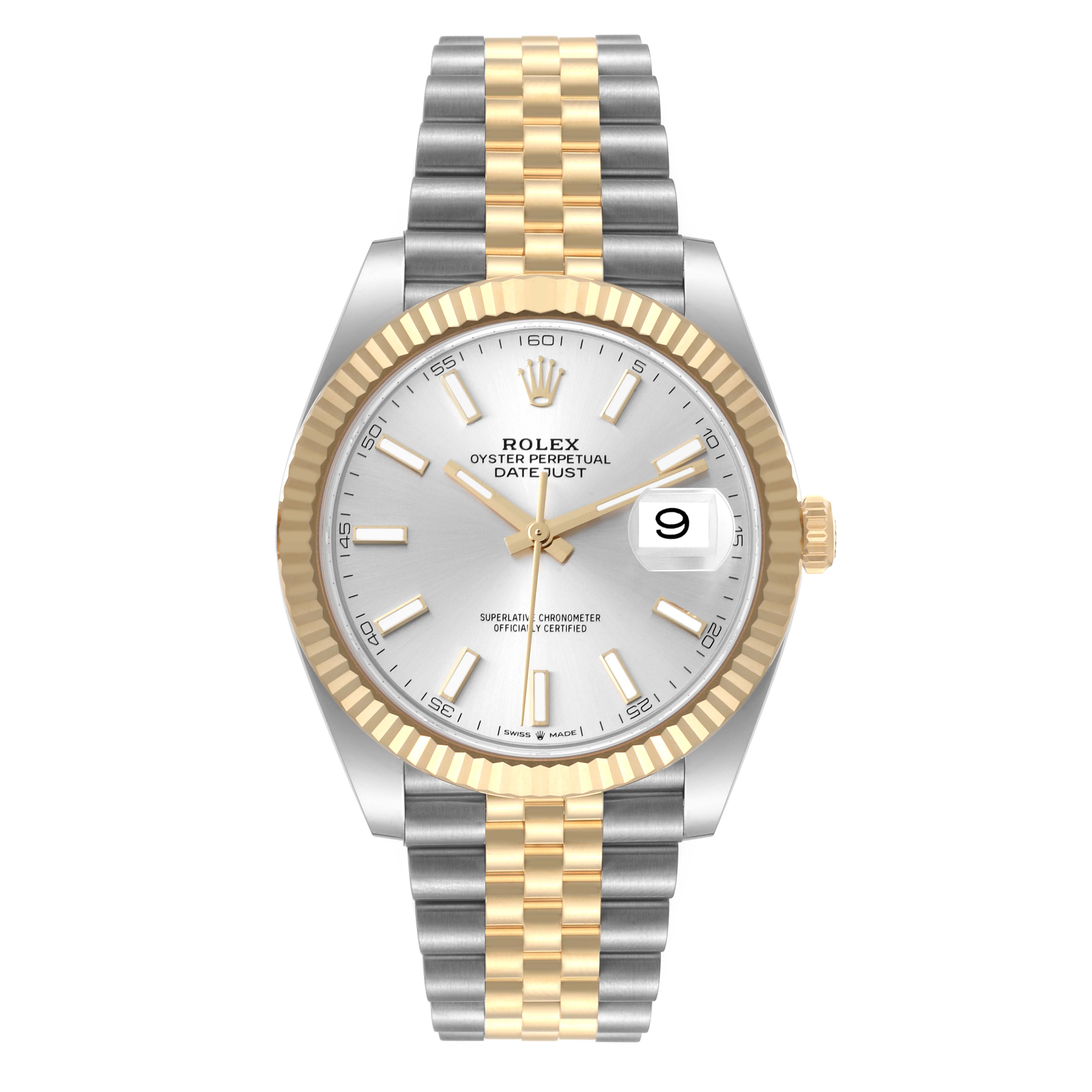 The image shows a front view of the Rolex Datejust 41 126333 Men's Steel and Gold (two tone) Silver Dial 126333 Men's Steel and Gold (two tone) Silver Dial watch with a bi-metal jubilee bracelet and a silver dial.