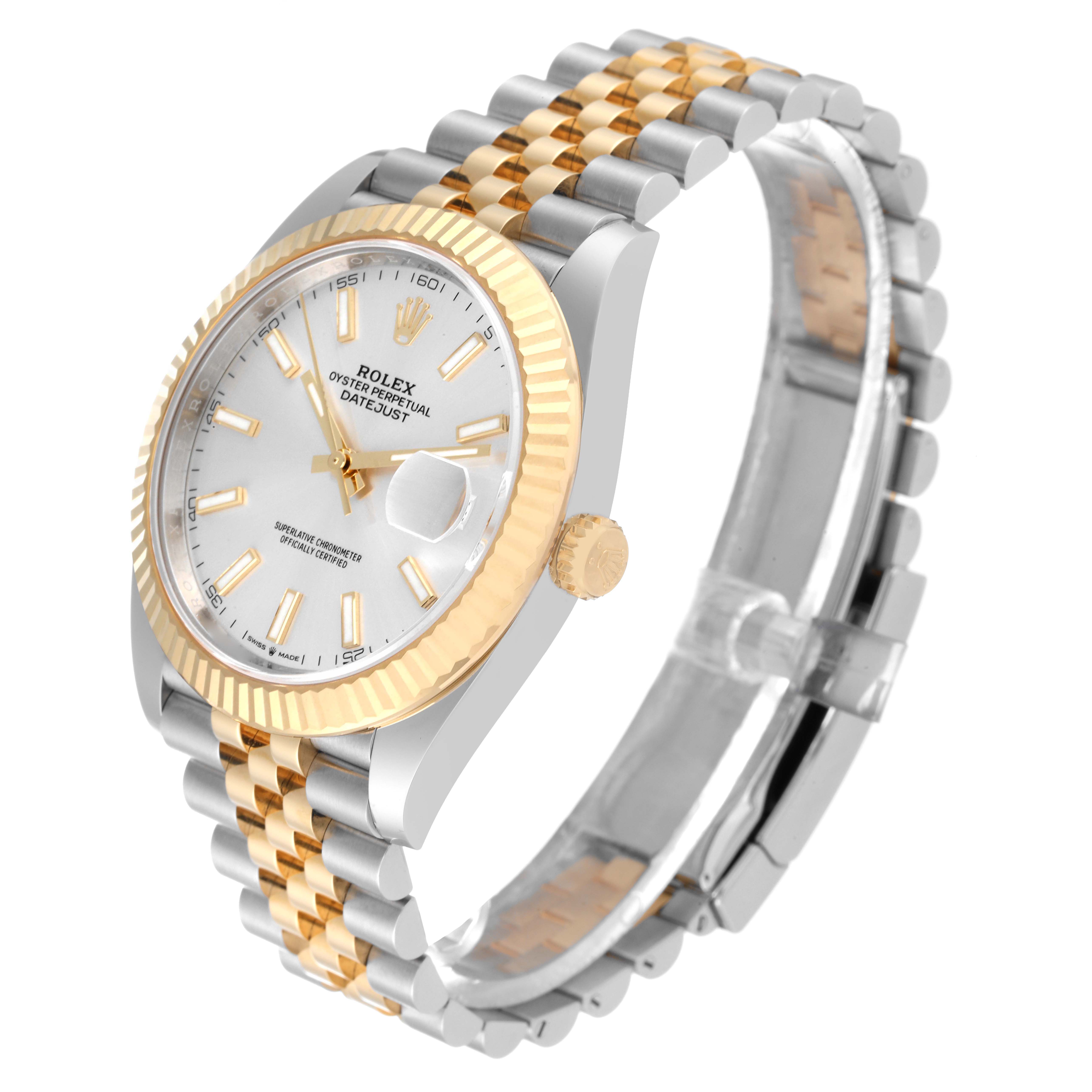 This image shows a Rolex Datejust 41 126333 Men's Steel and Gold (two tone) Silver Dial 126333 Men's Steel and Gold (two tone) Silver Dial watch at an oblique angle, highlighting its two-tone bracelet, fluted bezel, and dial details.