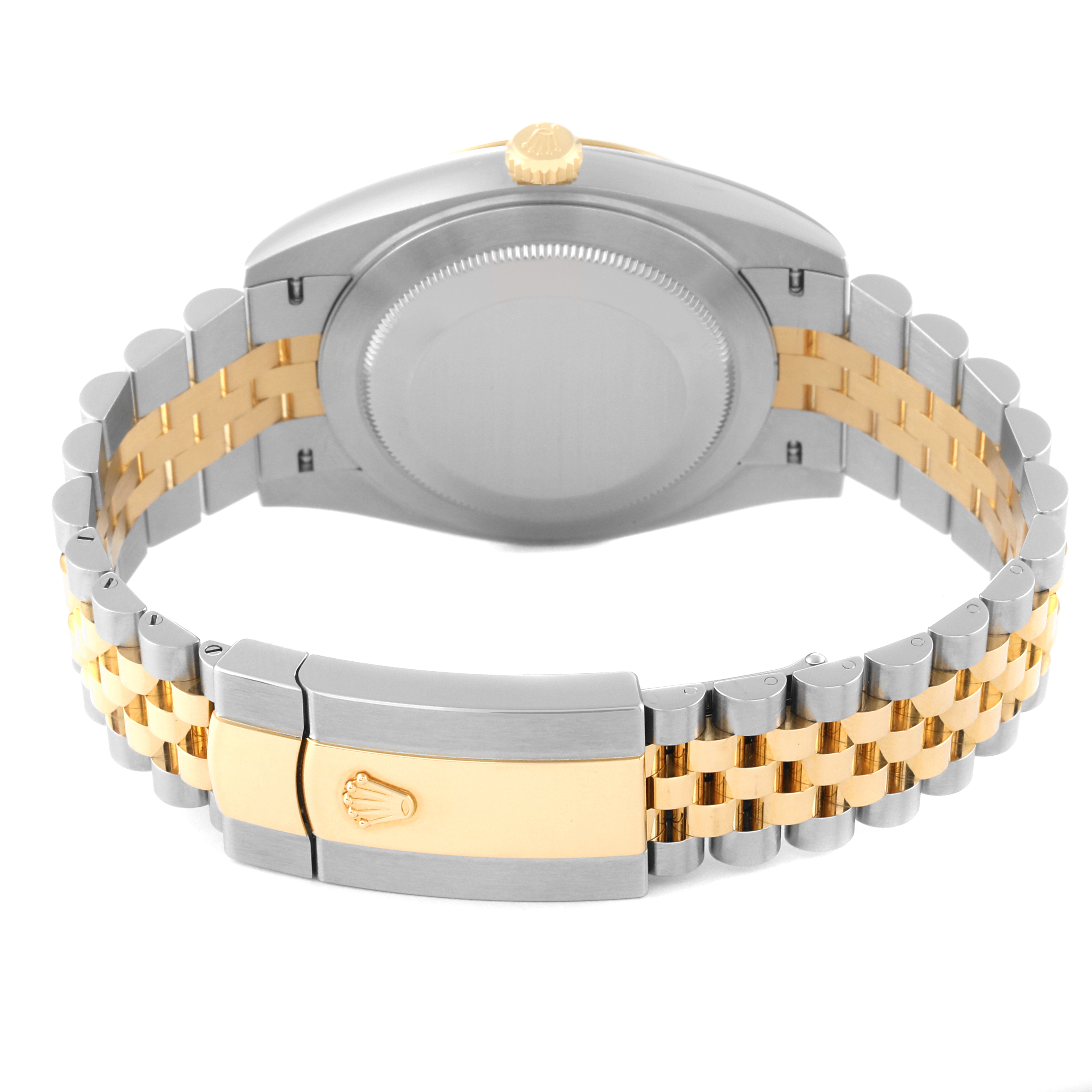 The image shows the back view of a Rolex Datejust 41 126333 Men's Steel and Gold (two tone) Silver Dial 126333 Men's Steel and Gold (two tone) Silver Dial watch, highlighting the clasp and bracelet.