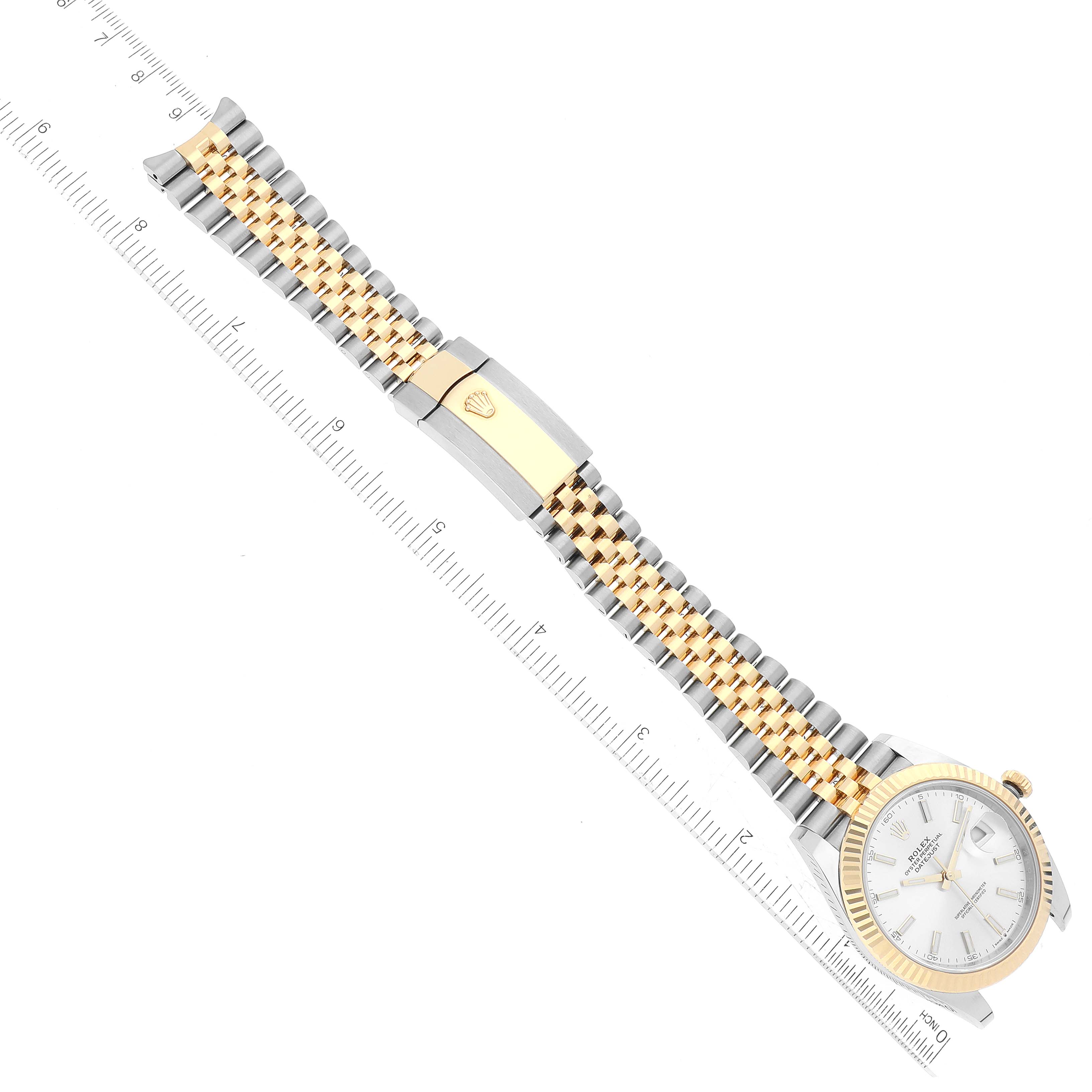 The image shows a Rolex Datejust 41 126333 Men's Steel and Gold (two tone) Silver Dial 126333 Men's Steel and Gold (two tone) Silver Dial model watch laid flat, displaying the face, fluted bezel, bracelet, and clasp.