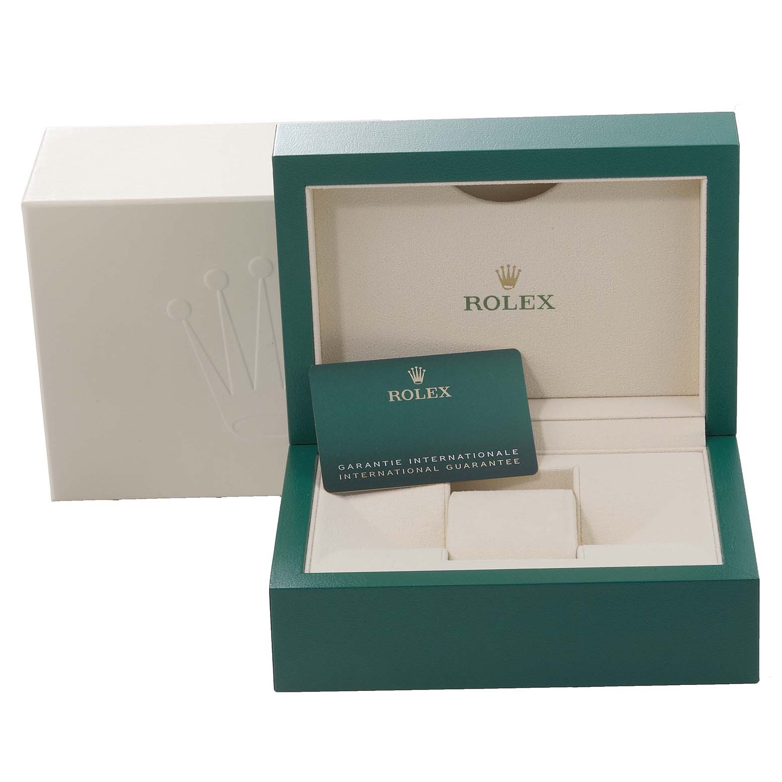 The Rolex Datejust 41 126333 Men's Steel and Gold (two tone) Silver Dial 126333 Men's Steel and Gold (two tone) Silver Dial watch accessories shown include an open green and cream watch box and international guarantee card, viewed from the front.