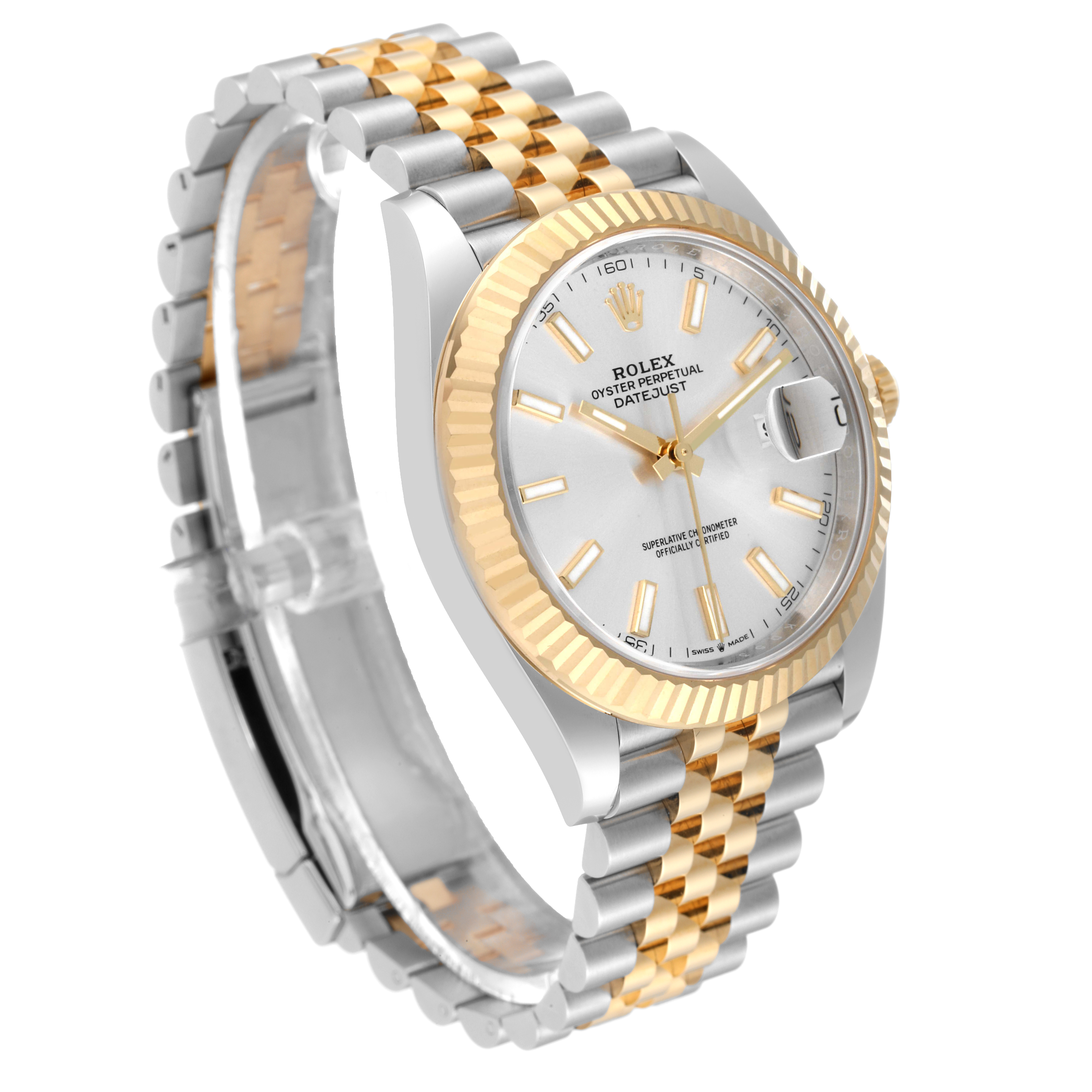 The image shows a Rolex Datejust 41 126333 Men's Steel and Gold (two tone) Silver Dial 126333 Men's Steel and Gold (two tone) Silver Dial watch at a three-quarter angle, highlighting the gold and silver bracelet, bezel, and face.