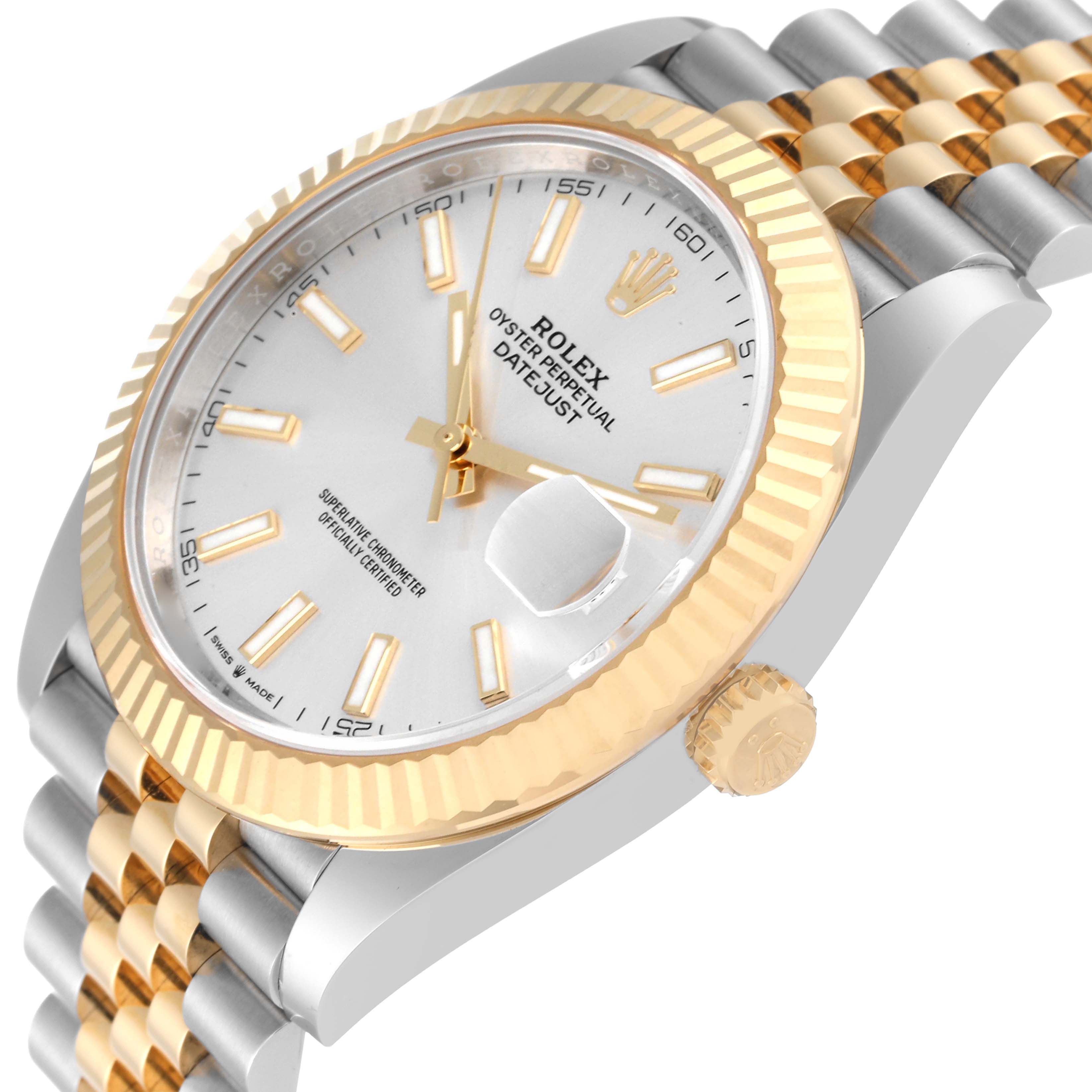 The image shows a close-up angle of the Rolex Datejust 41 126333 Men's Steel and Gold (two tone) Silver Dial 126333 Men's Steel and Gold (two tone) Silver Dial with a two-tone bracelet and fluted bezel.