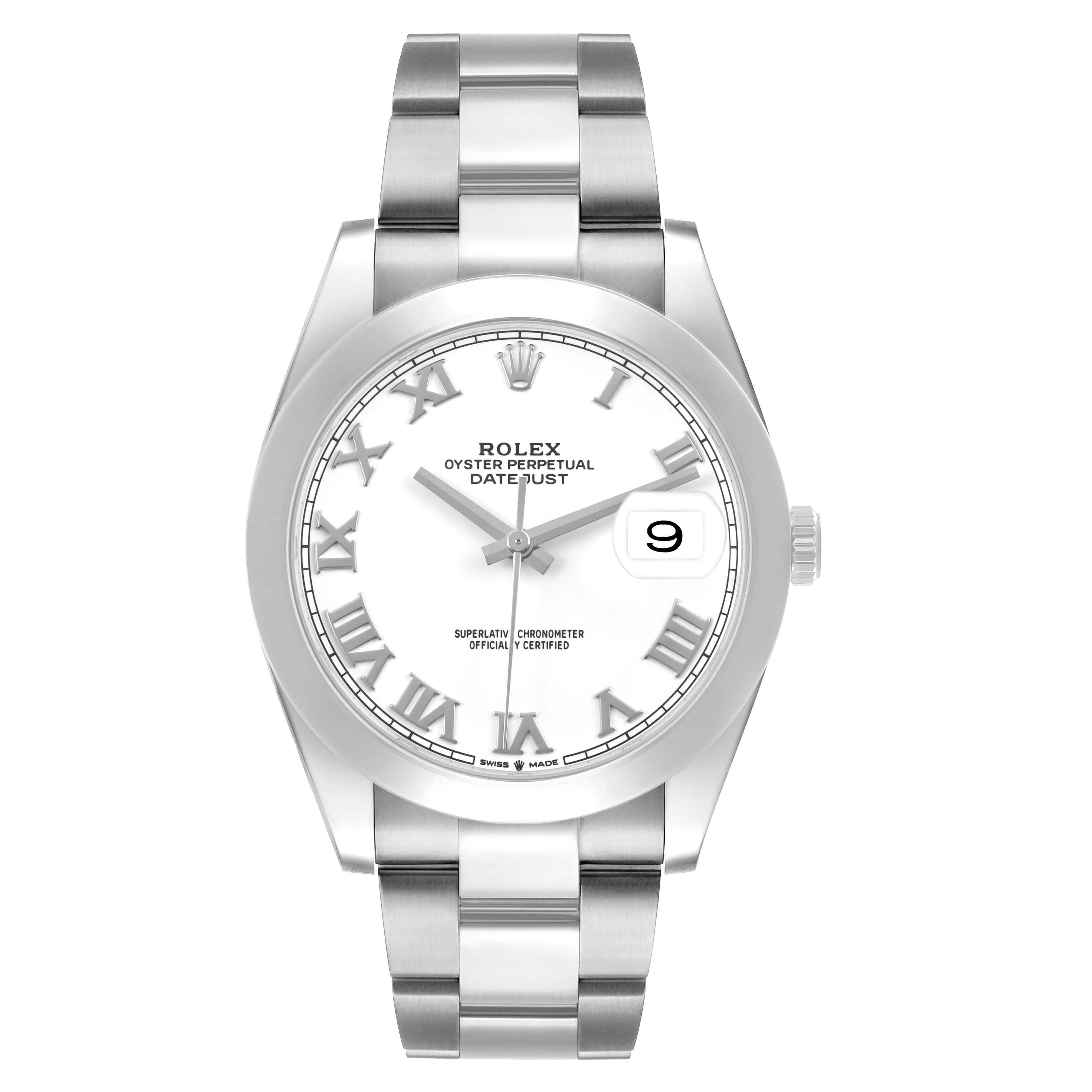 The Rolex Datejust 41 126300 Men's Stainless Steel White Dial is shown from a front angle, displaying its dial, bracelet, and crown.