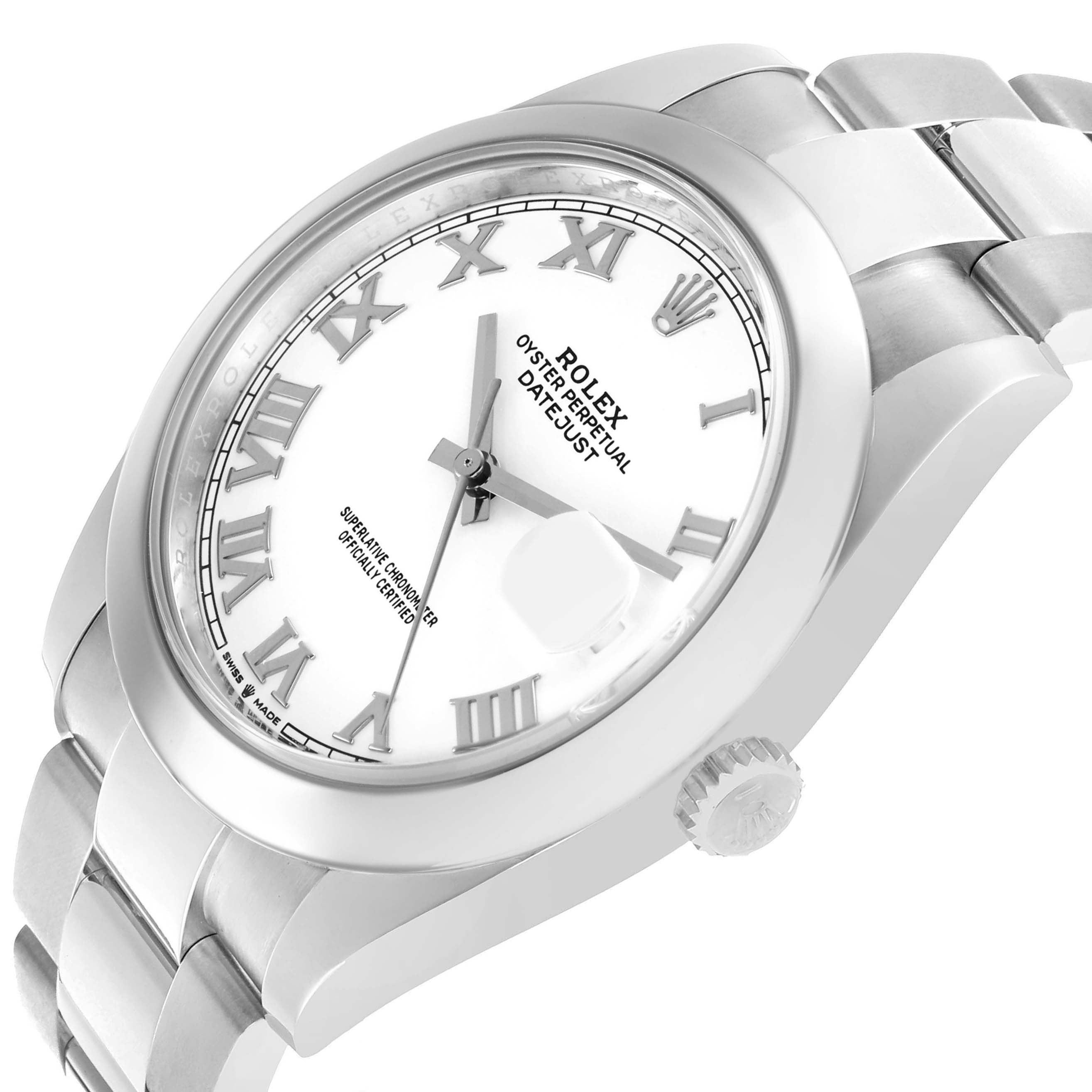 The Rolex Datejust 41 126300 Men's Stainless Steel White Dial is shown at an angled side view, highlighting the dial, bezel, bracelet, and crown.