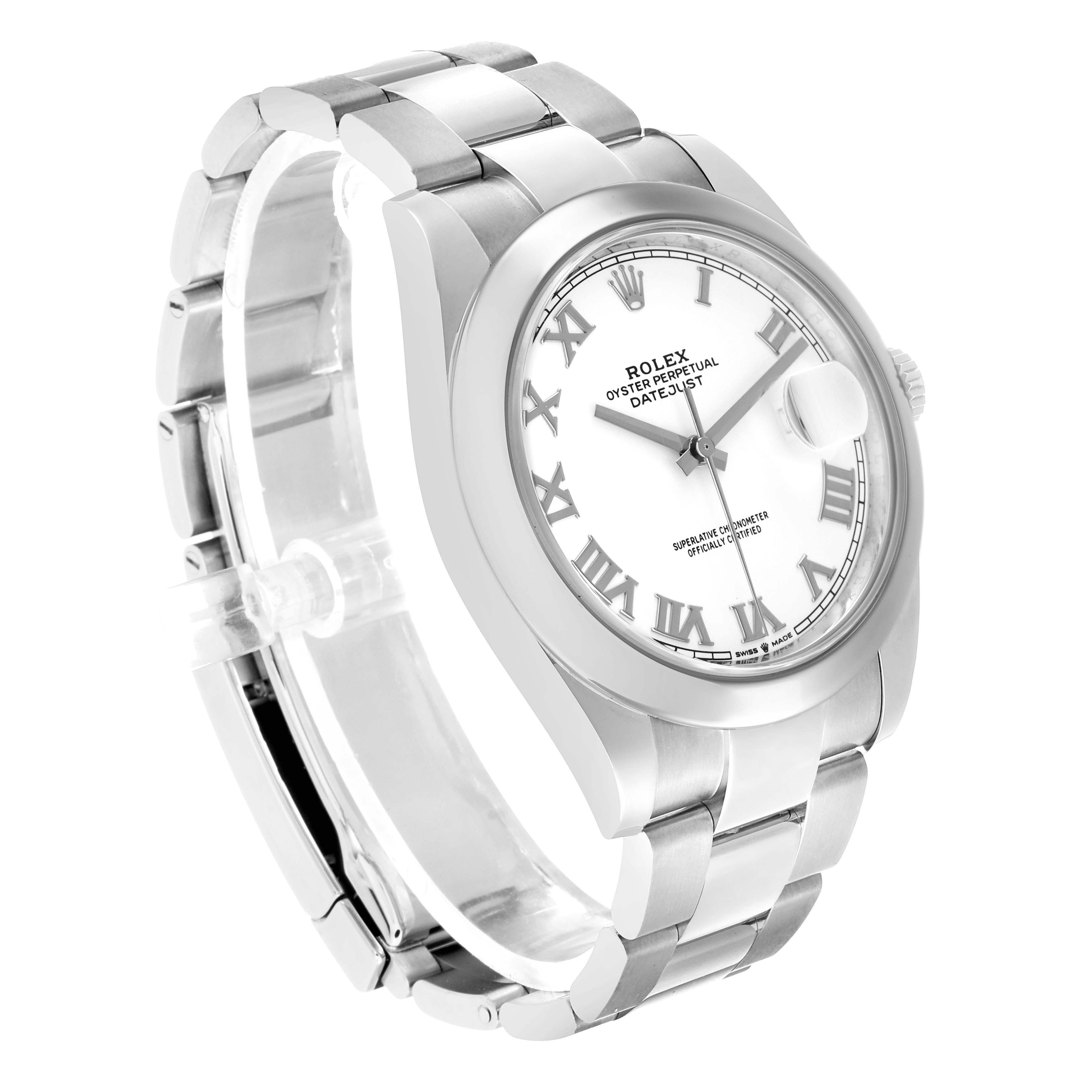 The Rolex Datejust 41 126300 Men's Stainless Steel White Dial is shown at a slight angle highlighting the dial, bezel, and partially open bracelet.