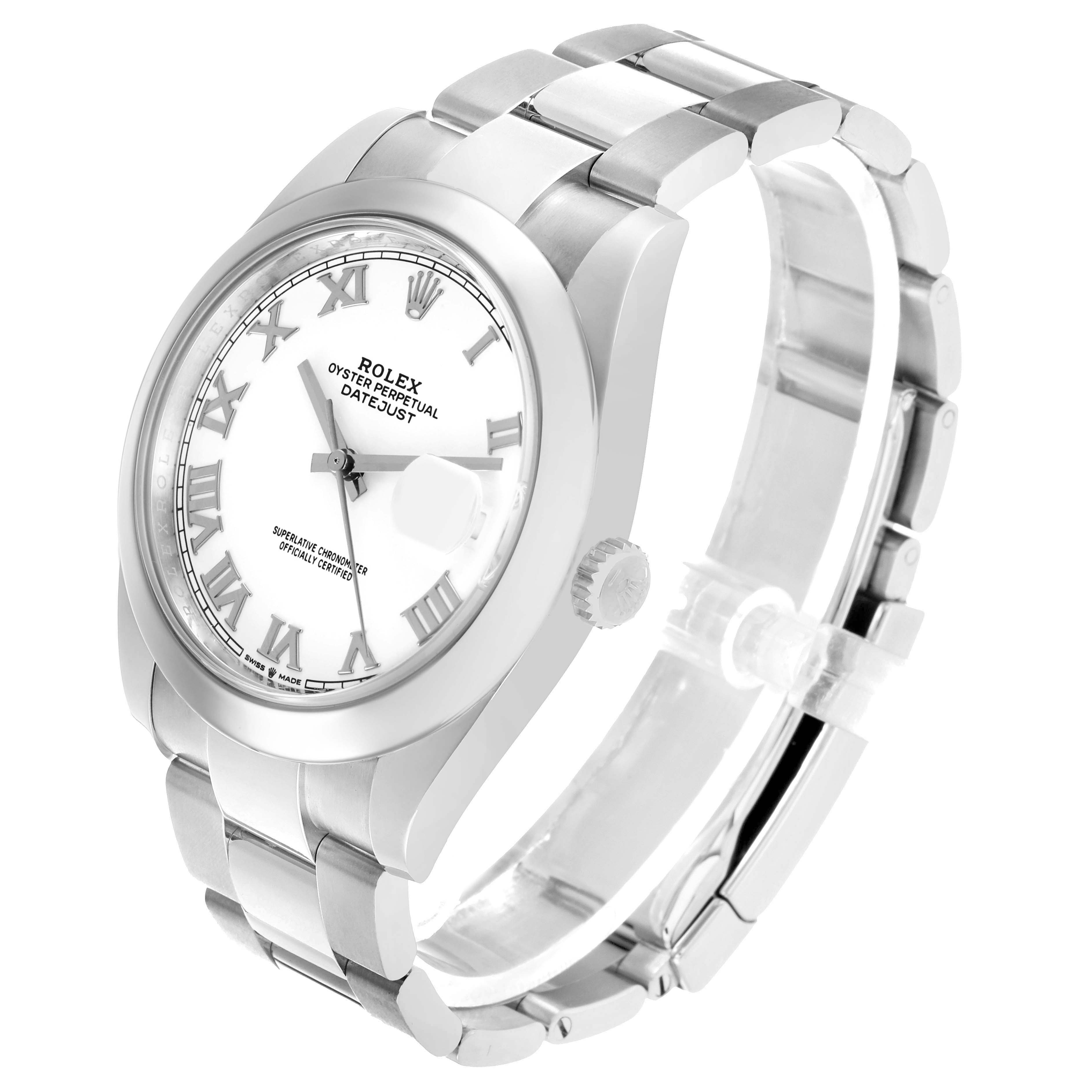 The Rolex Datejust 41 126300 Men's Stainless Steel White Dial watch is shown from a three-quarter angle, displaying the face, bezel, and part of the bracelet.
