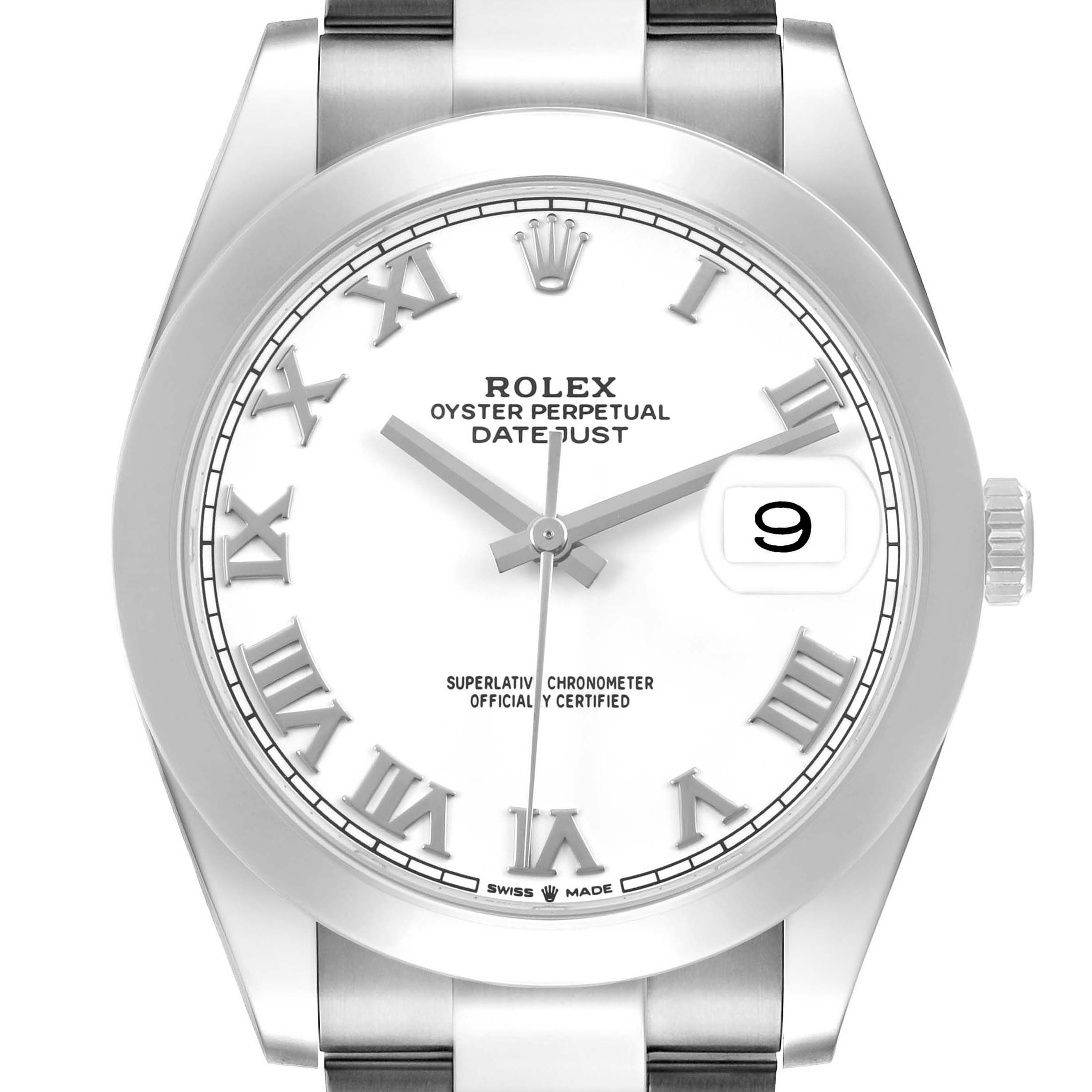The Rolex Datejust 41 126300 Men's Stainless Steel White Dial is shown from the front, highlighting the dial, Roman numerals, and the date feature with a cyclops lens.