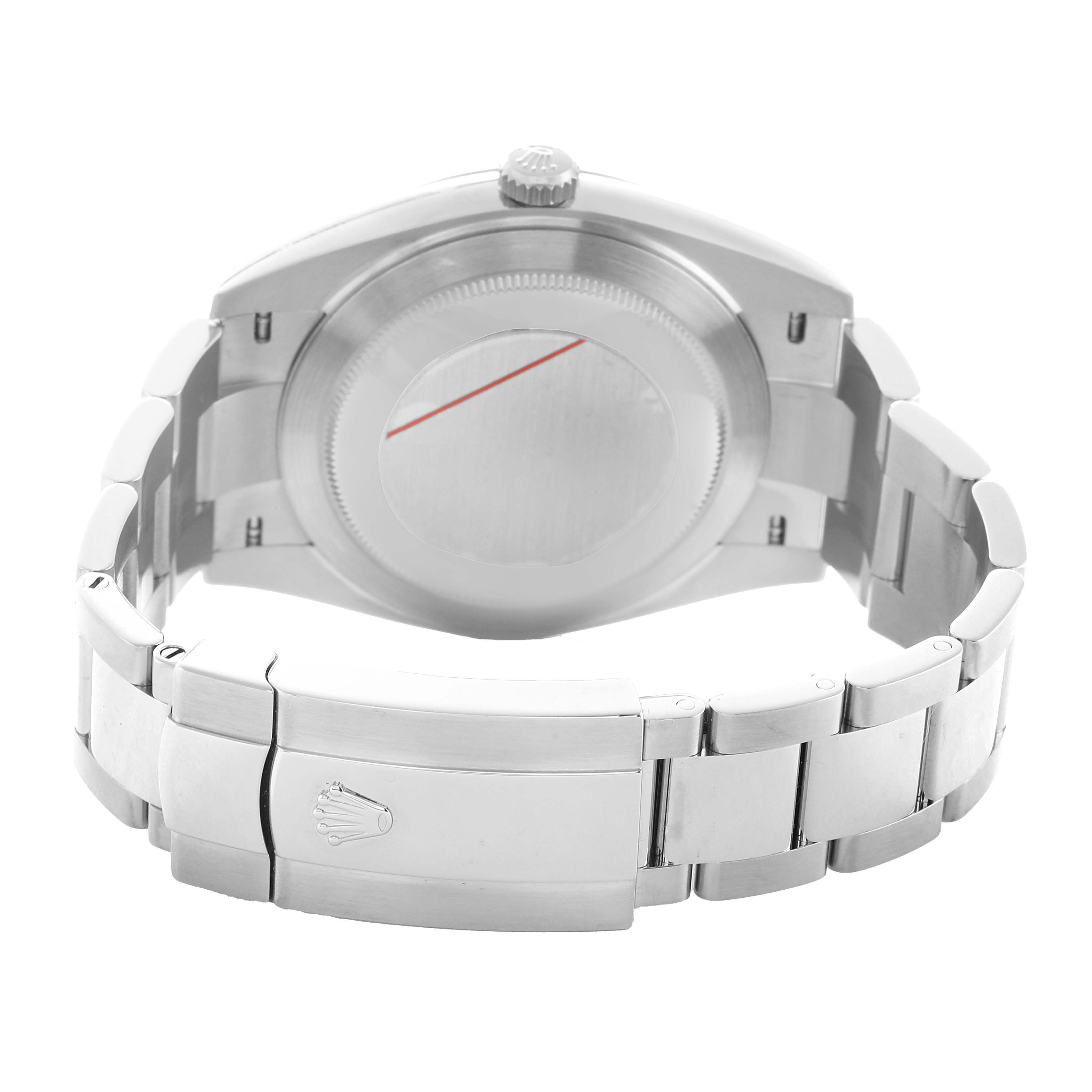 The image shows the back of the Rolex Datejust 41 126300 Men's Stainless Steel White Dial, highlighting the case back and bracelet clasp.