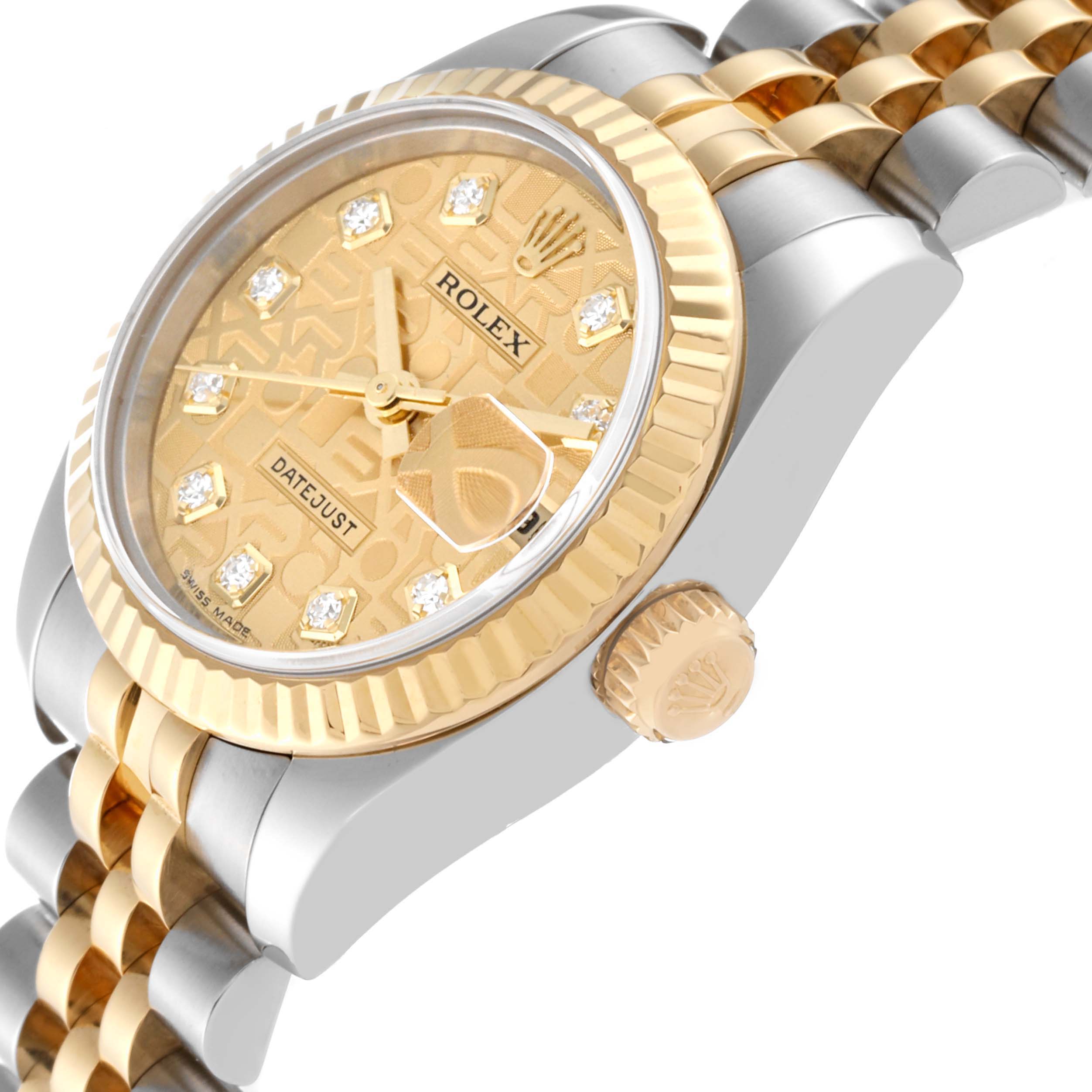 The image shows a side angle of the Rolex Datejust 179173 Women's Steel and Gold (two tone) Champagne Dial 179173 Women's Steel and Gold (two tone) Champagne Dial watch, highlighting the face, bezel, crown, and bracelet.