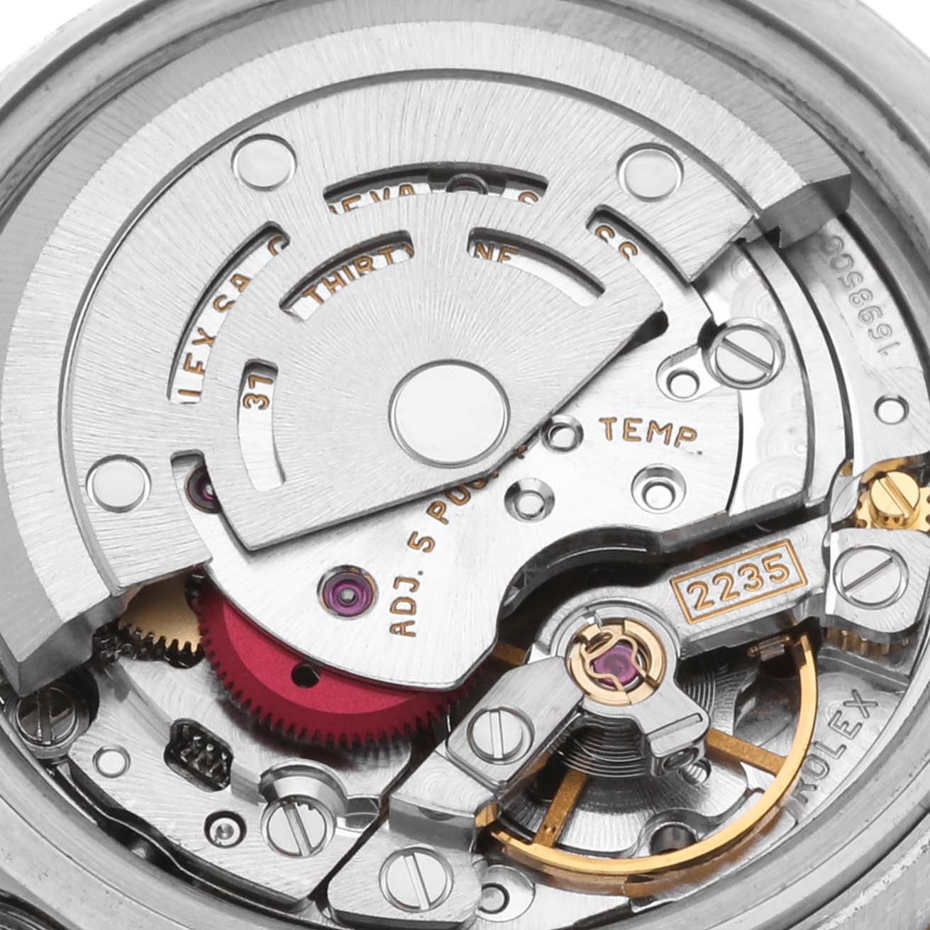 The image shows a detailed view of the movement inside a Rolex Datejust 179173 Women's Steel and Gold (two tone) Champagne Dial 179173 Women's Steel and Gold (two tone) Champagne Dial watch.