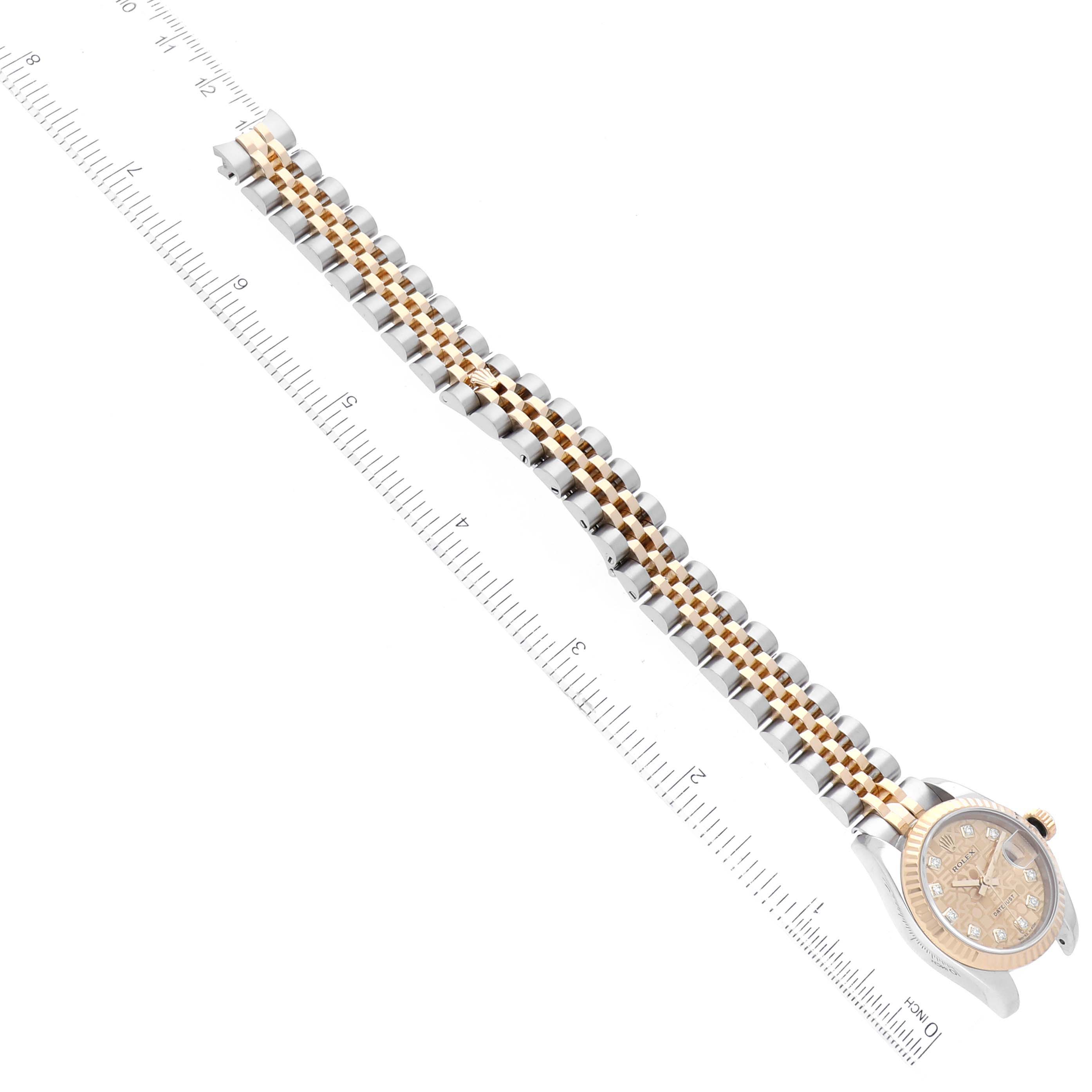 The image shows a Rolex Datejust 179173 Women's Steel and Gold (two tone) Champagne Dial 179173 Women's Steel and Gold (two tone) Champagne Dial watch positioned horizontally, displaying the face, case, and two-tone bracelet.