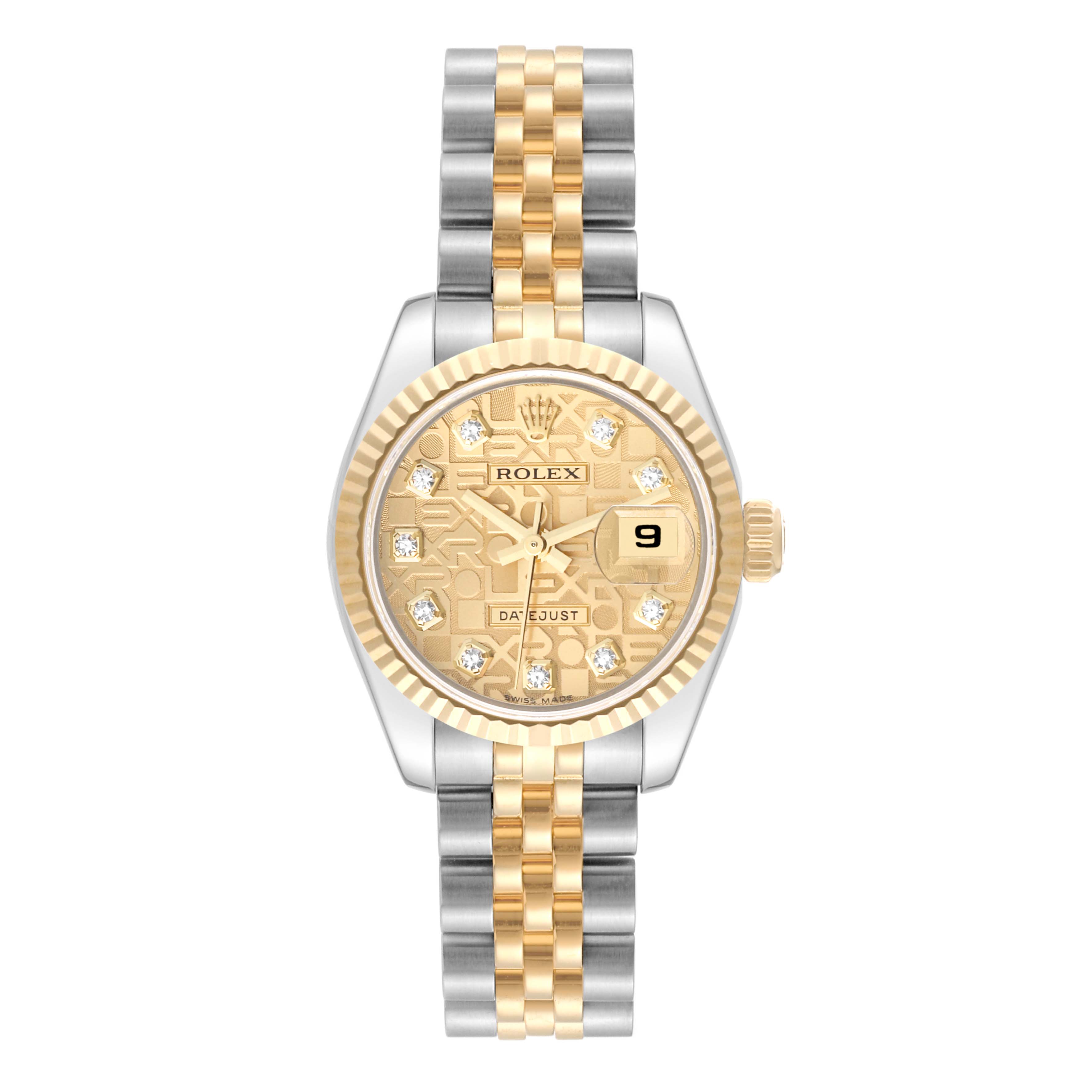 The image shows a front view of the Rolex Datejust 179173 Women's Steel and Gold (two tone) Champagne Dial 179173 Women's Steel and Gold (two tone) Champagne Dial watch, featuring a gold bezel, diamond markers, and a two-tone bracelet.