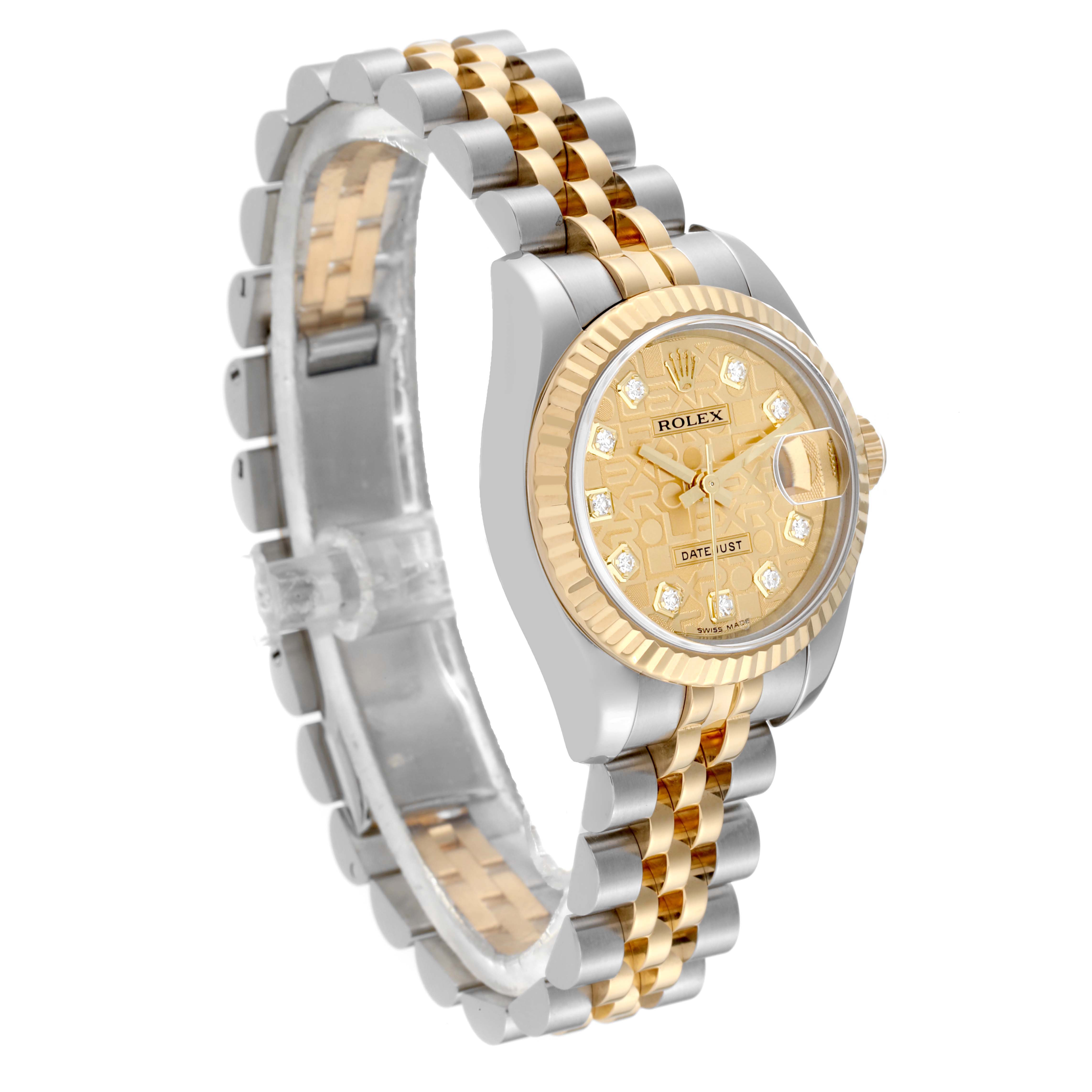 This image shows a Rolex Datejust 179173 Women's Steel and Gold (two tone) Champagne Dial 179173 Women's Steel and Gold (two tone) Champagne Dial watch at a three-quarter angle, highlighting the face, bezel, and two-tone band.
