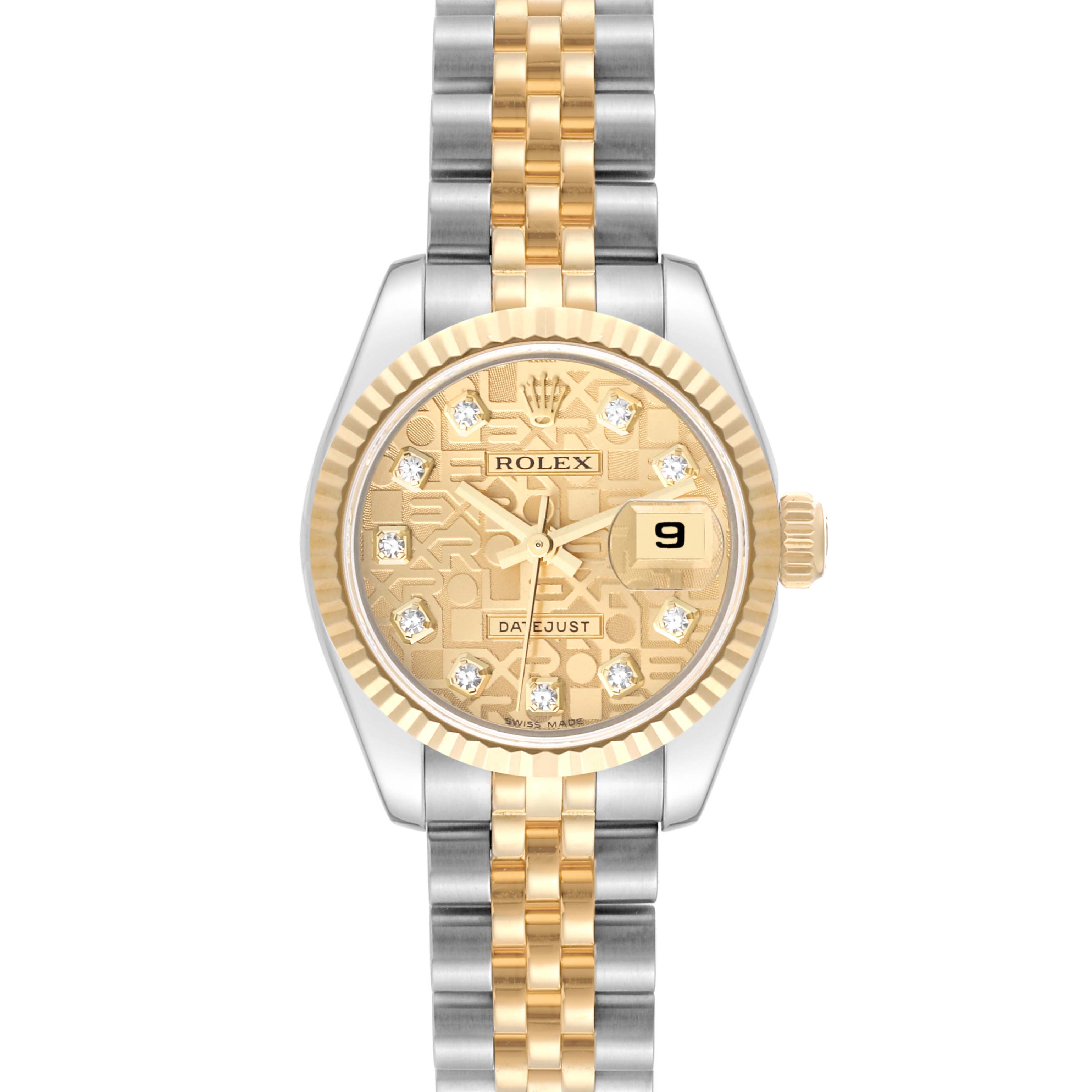 The Rolex Datejust 179173 Women's Steel and Gold (two tone) Champagne Dial 179173 Women's Steel and Gold (two tone) Champagne Dial model watch is shown from a front angle, displaying its two-tone bracelet, bezel, dial, and date window.