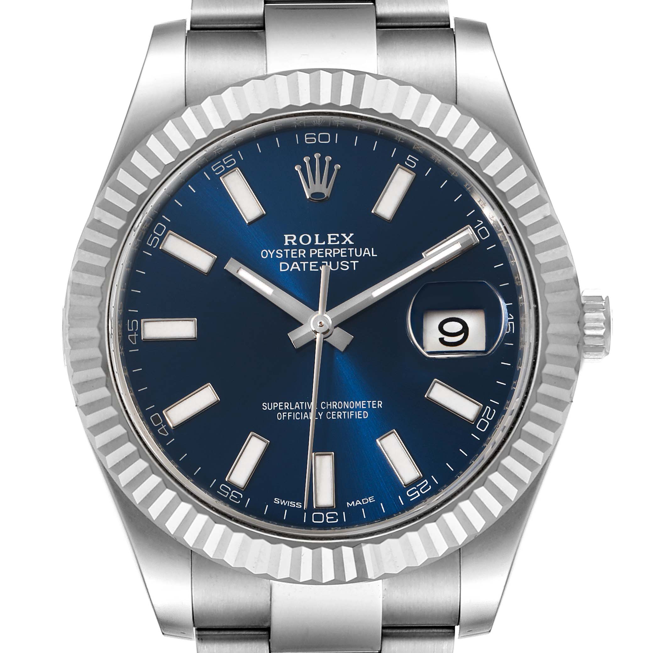 The image shows a close-up, front view of the Rolex Datejust 41 116334 Men
s Stainless Steel Blue Dial 116334 Men
s Stainless Steel Blue Dial watch, highlighting its blue dial, date window, and fluted bezel.
