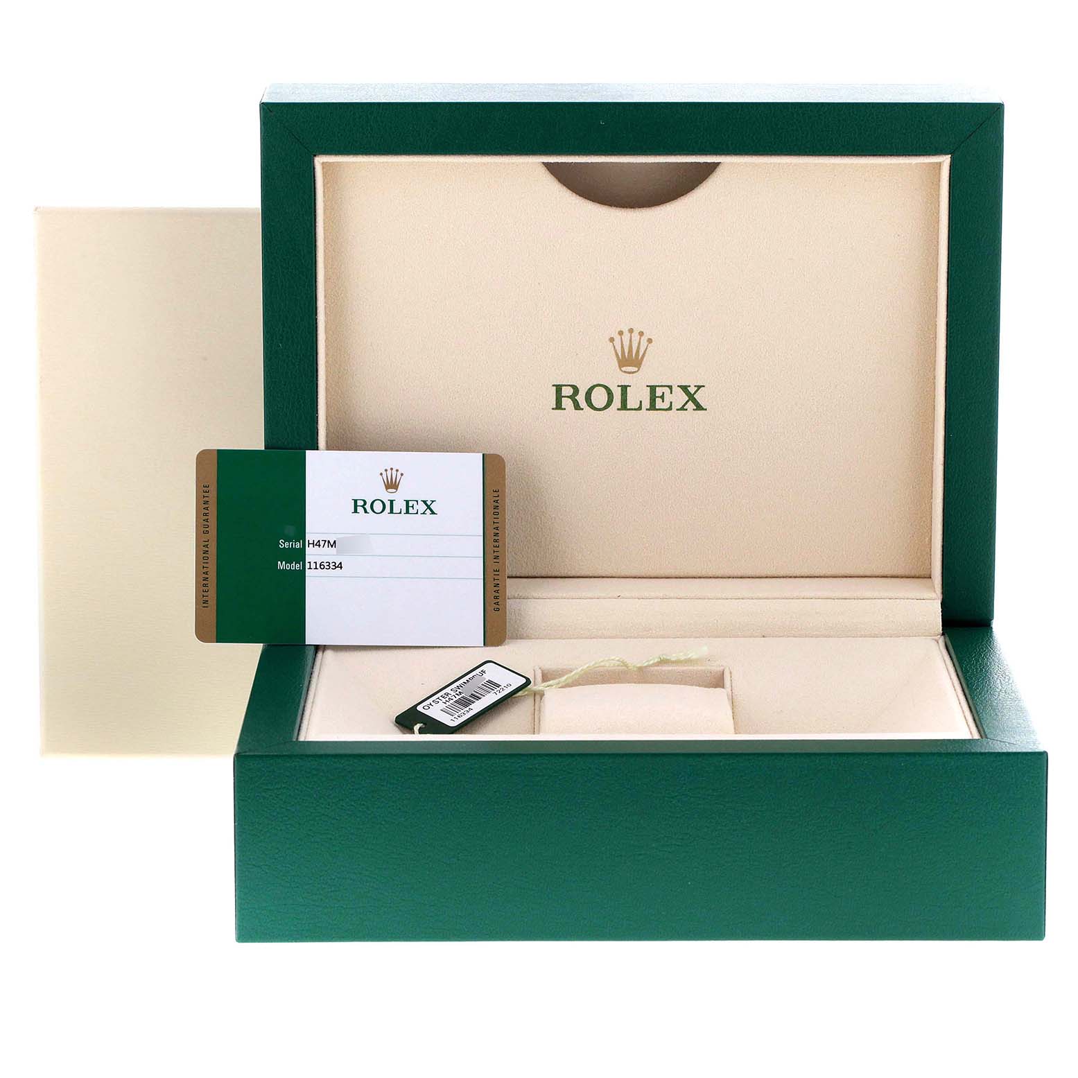 This image shows the packaging, warranty card, and tag for a Rolex Datejust 41 116334 Men
s Stainless Steel Blue Dial 116334 Men
s Stainless Steel Blue Dial model.