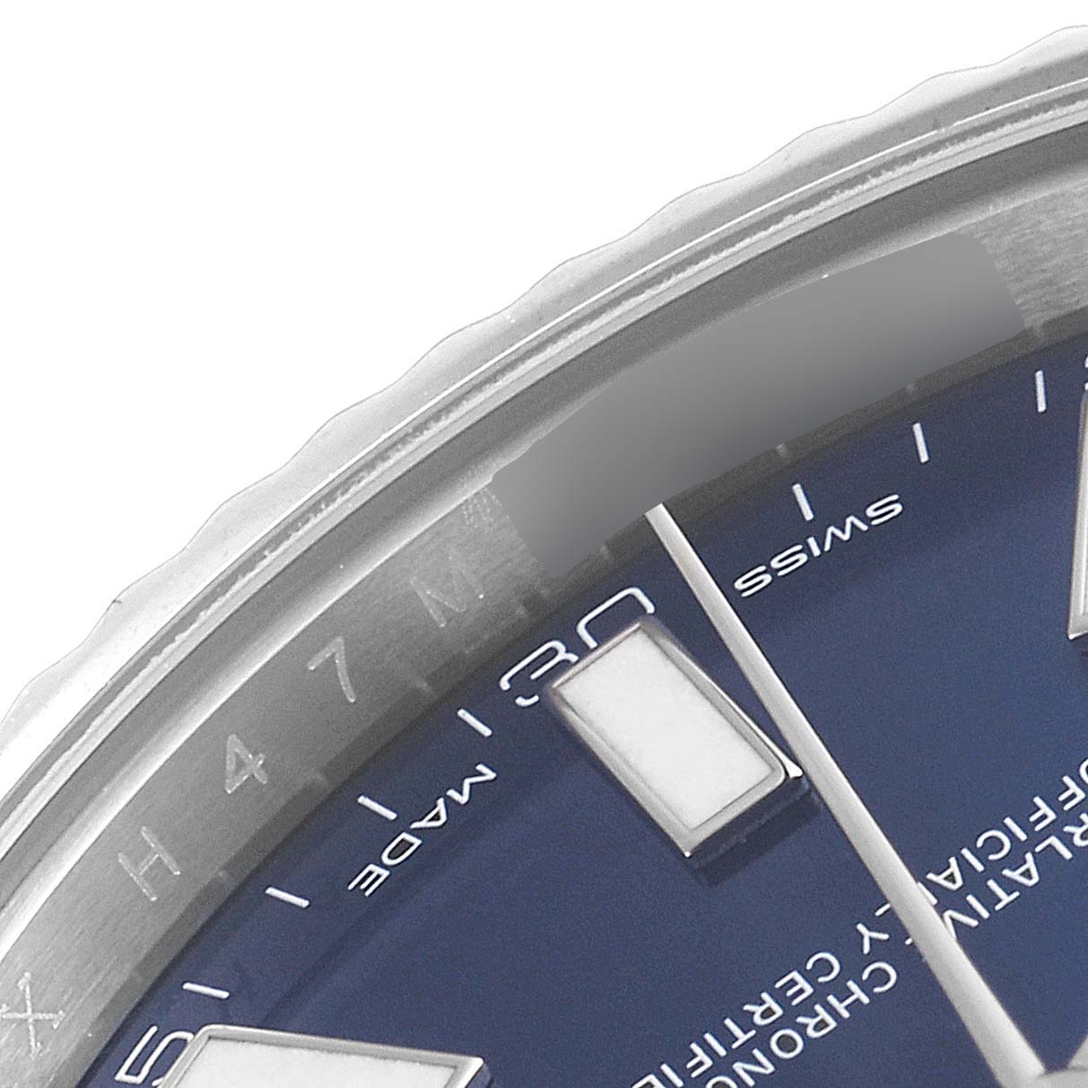 This image shows a close-up angle of the dial, bezel, and sapphire crystal of a Rolex Datejust 41 116334 Men
s Stainless Steel Blue Dial 116334 Men
s Stainless Steel Blue Dial.